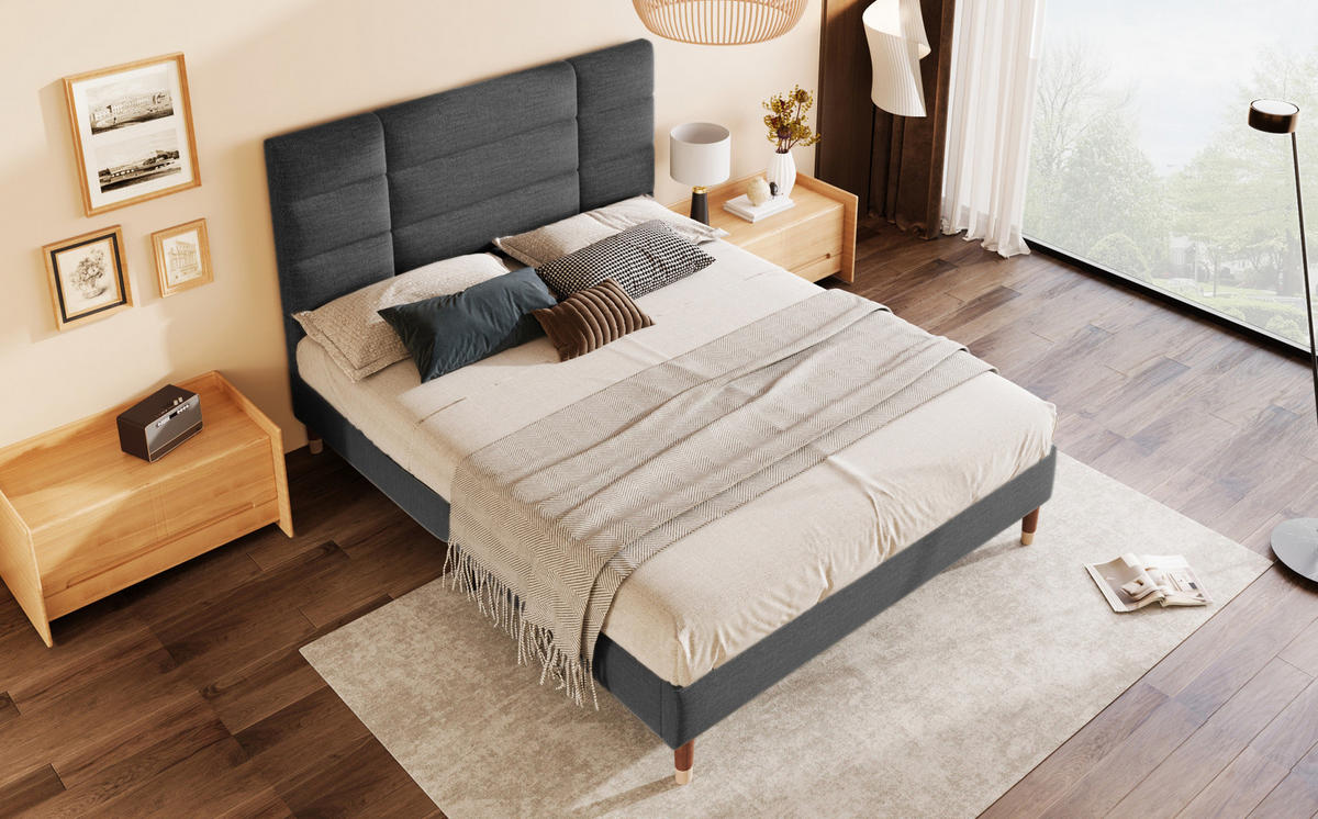 POLSTERBETT 140/200 cm Grau aus Leinen mit Lattenrost - Grau, Holz (140/200cm) - OKMYHOME