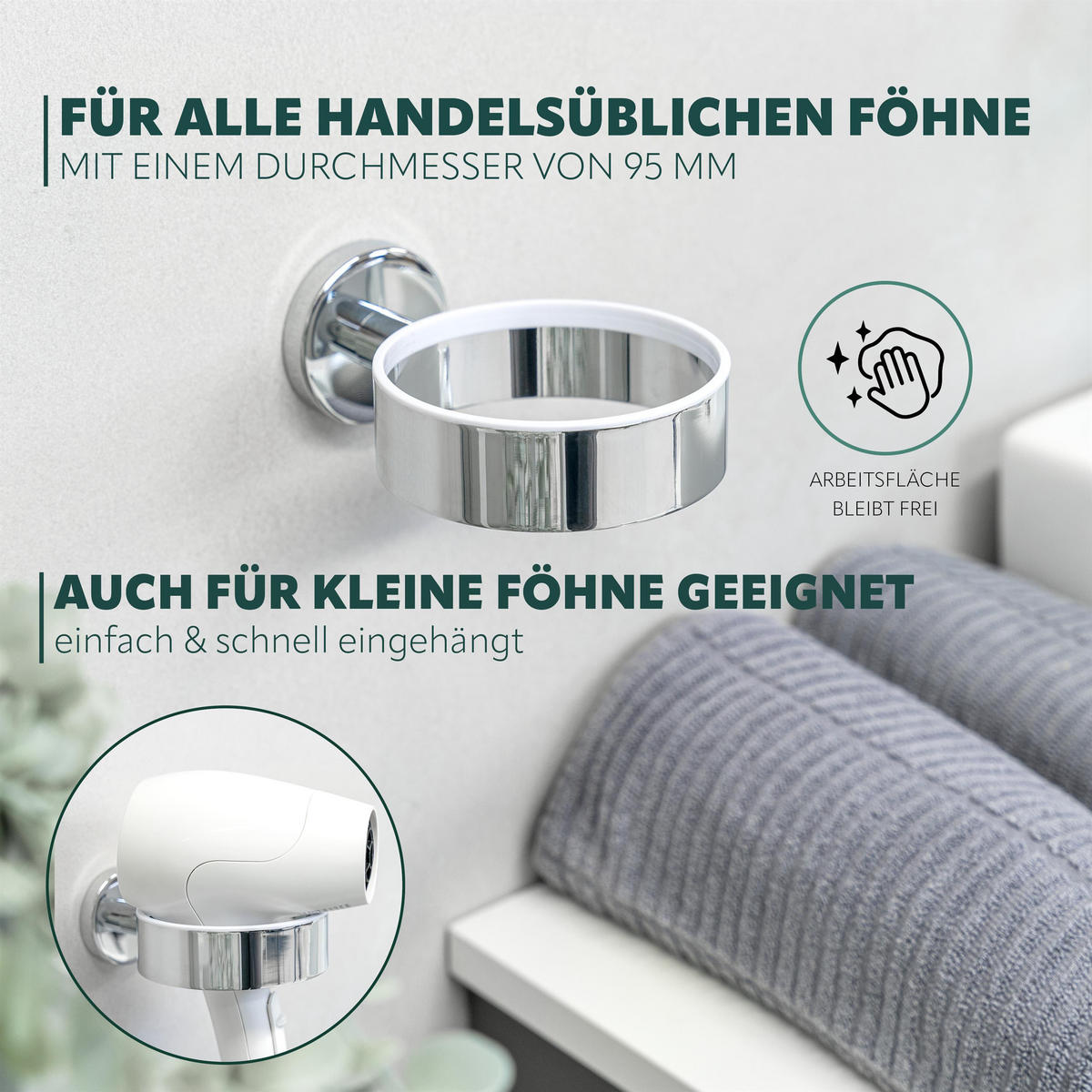 HAARTROCKNERHALTER LUCENTE, Edelstahl - Chromfarben, Metall (10/5.8/14.5cm) - bremermann