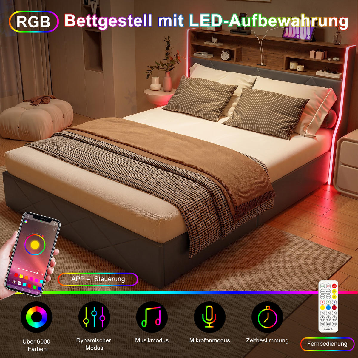 POLSTERBETT 140/200 cm,Stauraumbett mit Bettkasten LED USB und Lattenrost - Grau, Holz/Textil (140/200cm) - PARAFTA HOME