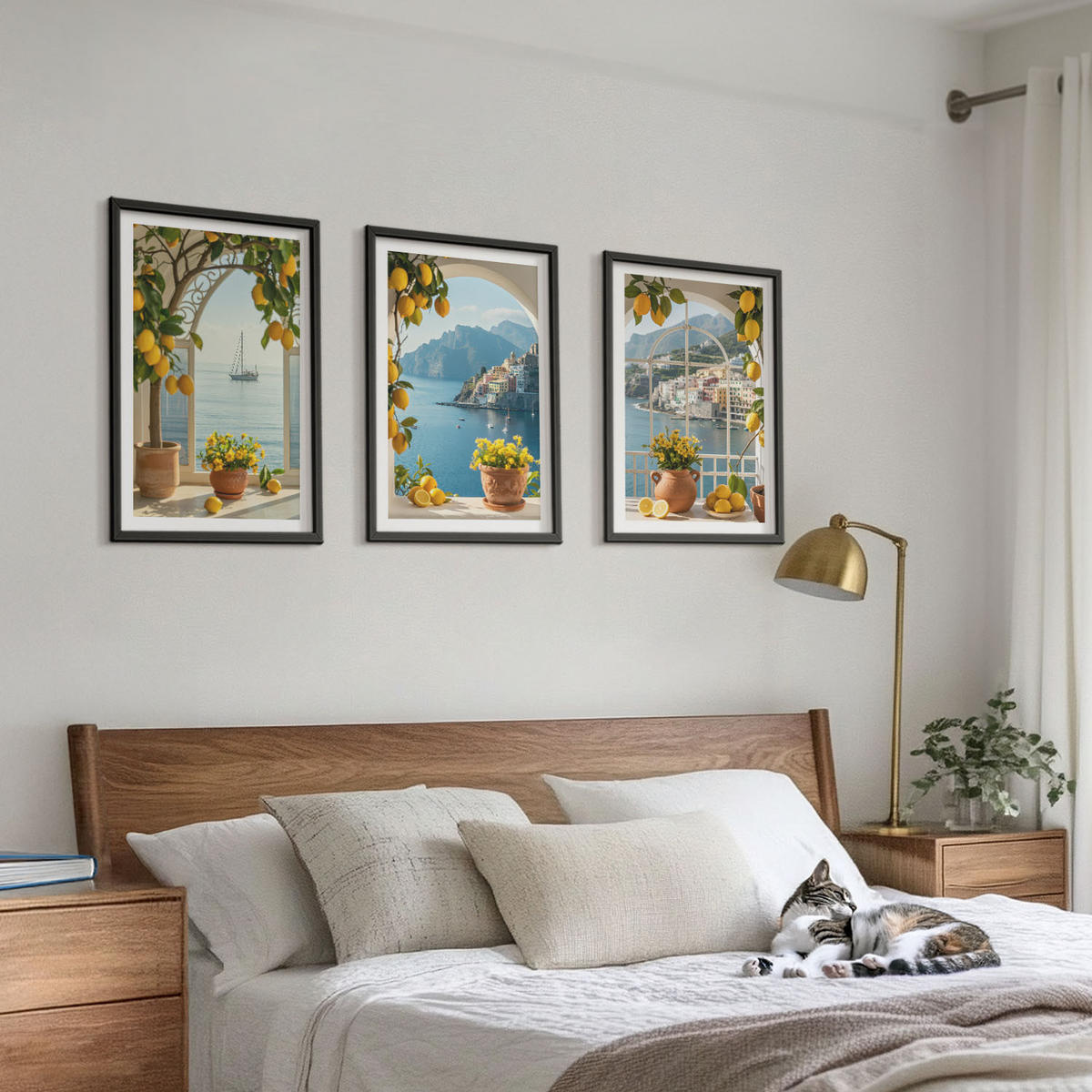 WANDBILDER 3er-Set - 40x60 cm Schwarzer Rahmen - Zitronenblumen aus der Küstenstadt - Schwarz, Kunststoff (40/60cm) - ArtPrintCave