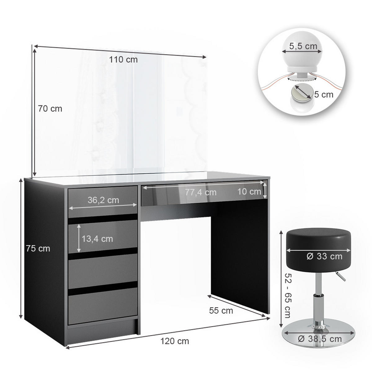 SCHMINKTISCH Sherry Anthrazit 120 cm mit LED Beleuchtung und Hocker - Anthrazit, Holzwerkstoff (120/75/55cm) - Vicco