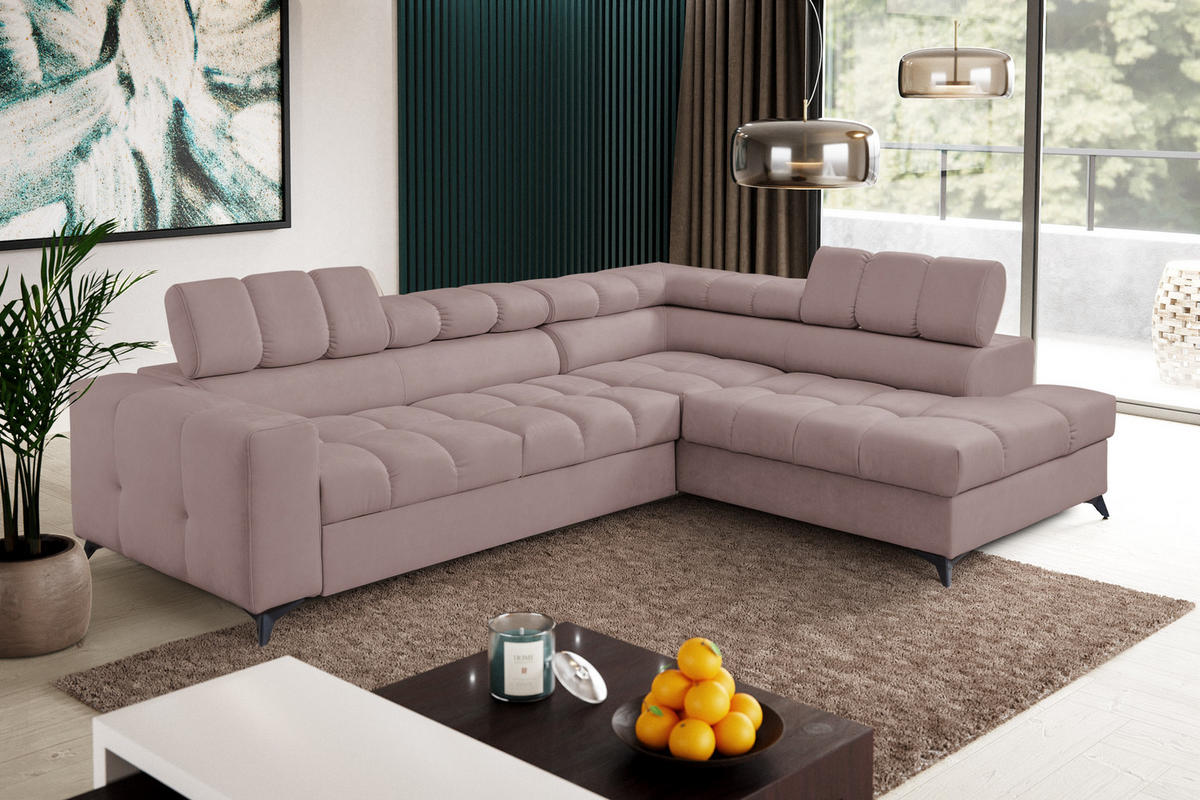 ECKSOFA Andrea L-Form mit verstellbaren Kopfstützen Schlaffunktion Bettkasten 267 cm rechts rosa - Rosa, Kunststoff (267/106cm) - Margaret Hadas24