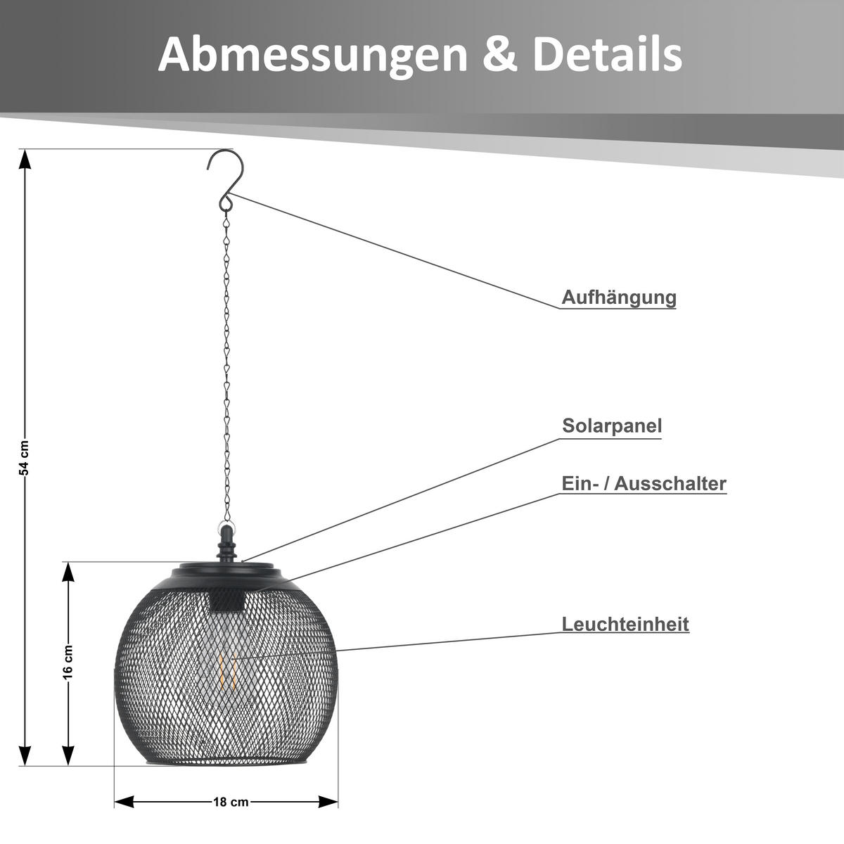 SOLAR-HÄNGELEUCHTE Netzoptik schwarz Ø18x54cm Metall Outdoor-Leuchte - Schwarz, Metall (18/18/54cm) - Northpoint
