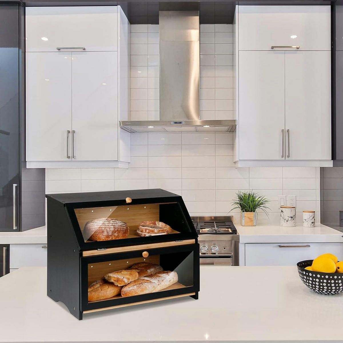 BROTKASTEN 2 Etagen Bambus Schwarz 39 cm - Schwarz, Naturmaterialien (25/32/39cm)