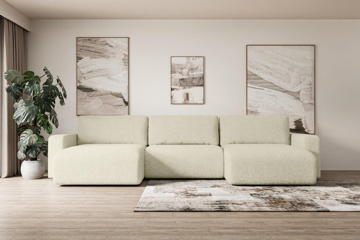 WOHNLANDSCHAFT mit Schlaffunktion und Bettkasten KLEEA-U - 347x143x83 cm Beige Bouclé - Beige/Schwarz, Holzwerkstoff/Kunststoff (347/83/143cm) - ALTDECOR
