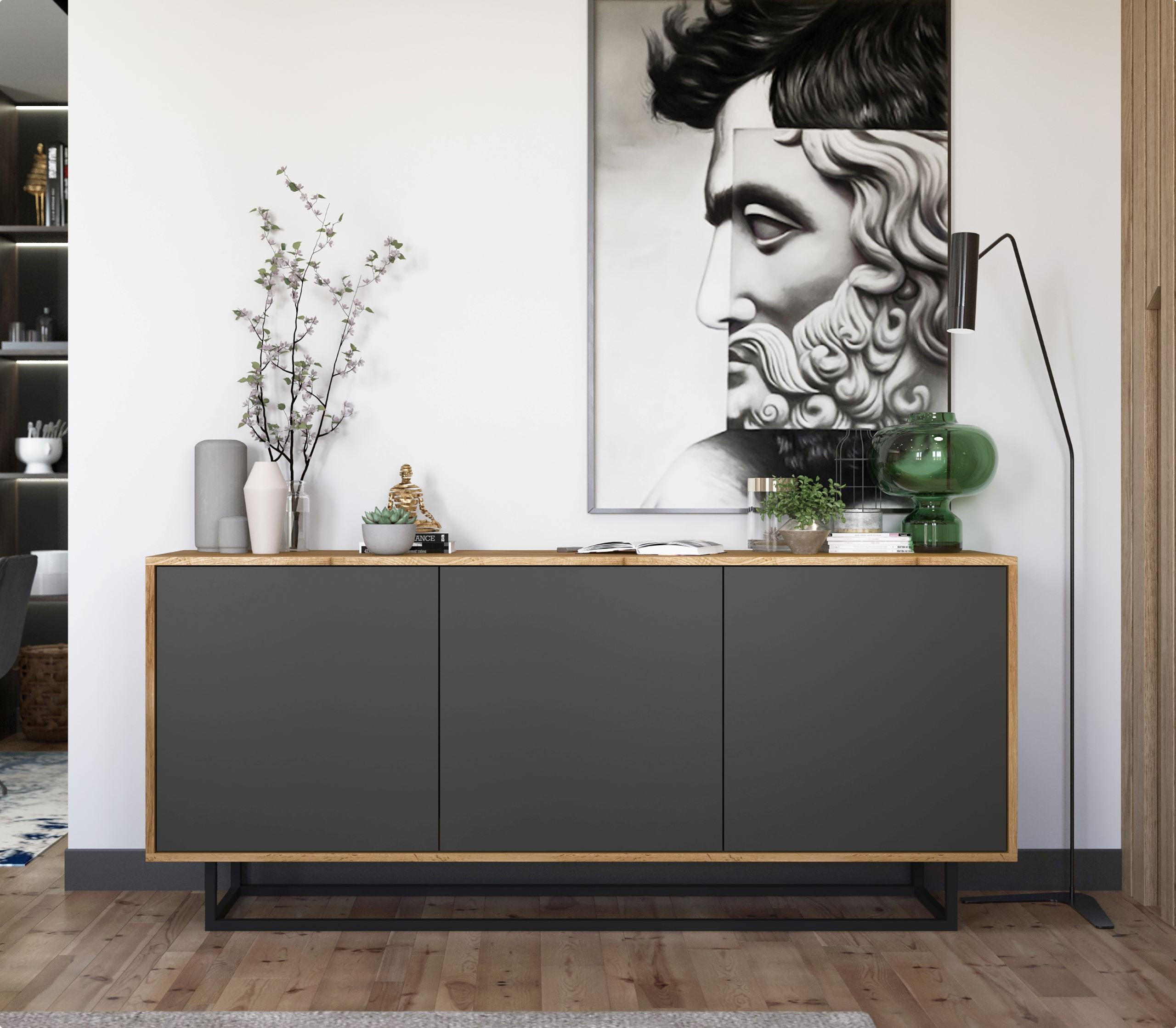 KOMMODE Apollo 3D Eiche wotan Graphit Matt 168 cm - Graphitfarben/Schwarz, Holzwerkstoff/Metall (168/72/35cm) - Meble Lindner