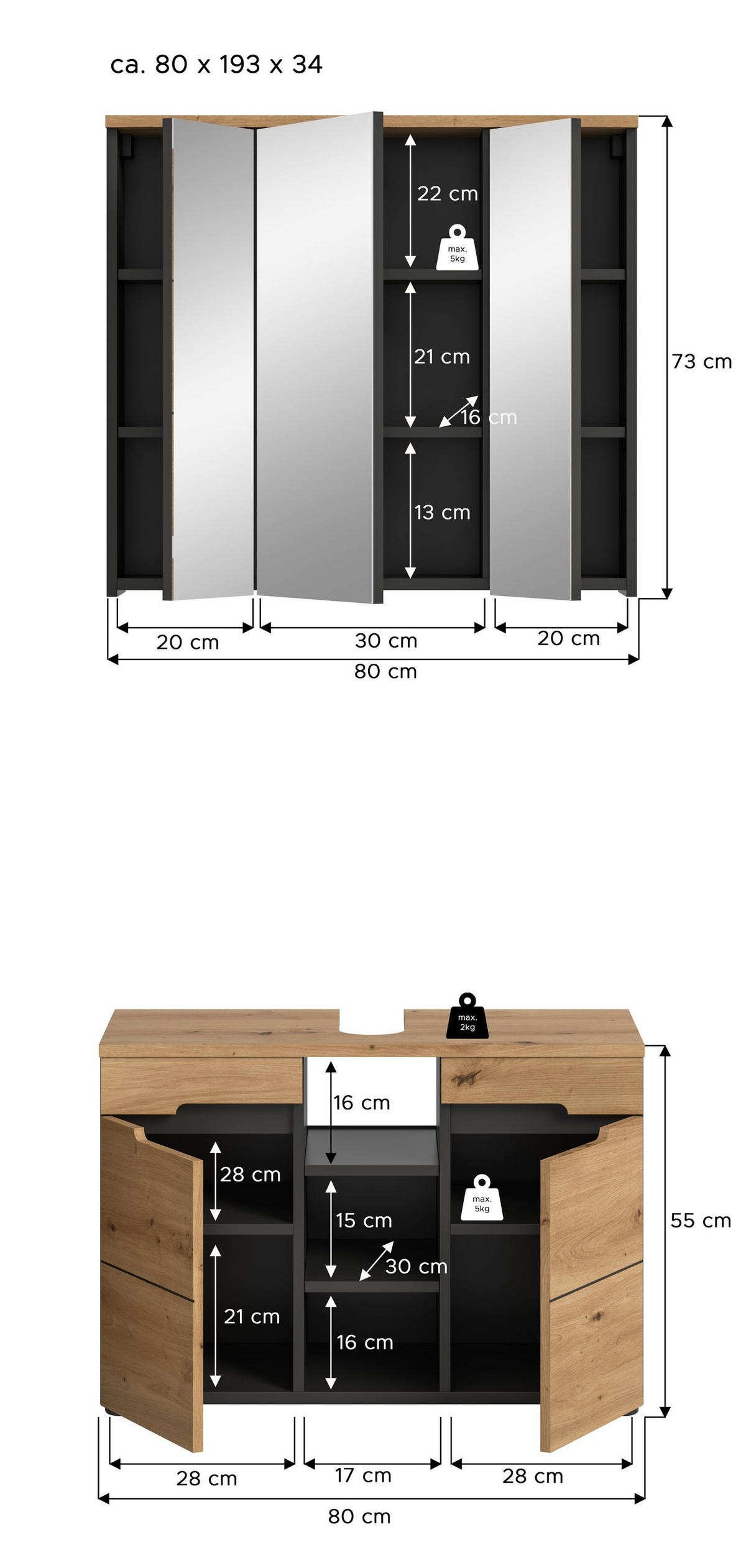BADMÖBEL Set Canu 2tlg. Bad Kombination (B/H/T: 80x193x34cm) - Eiche Artisan, Holzwerkstoff (80/193/34cm)