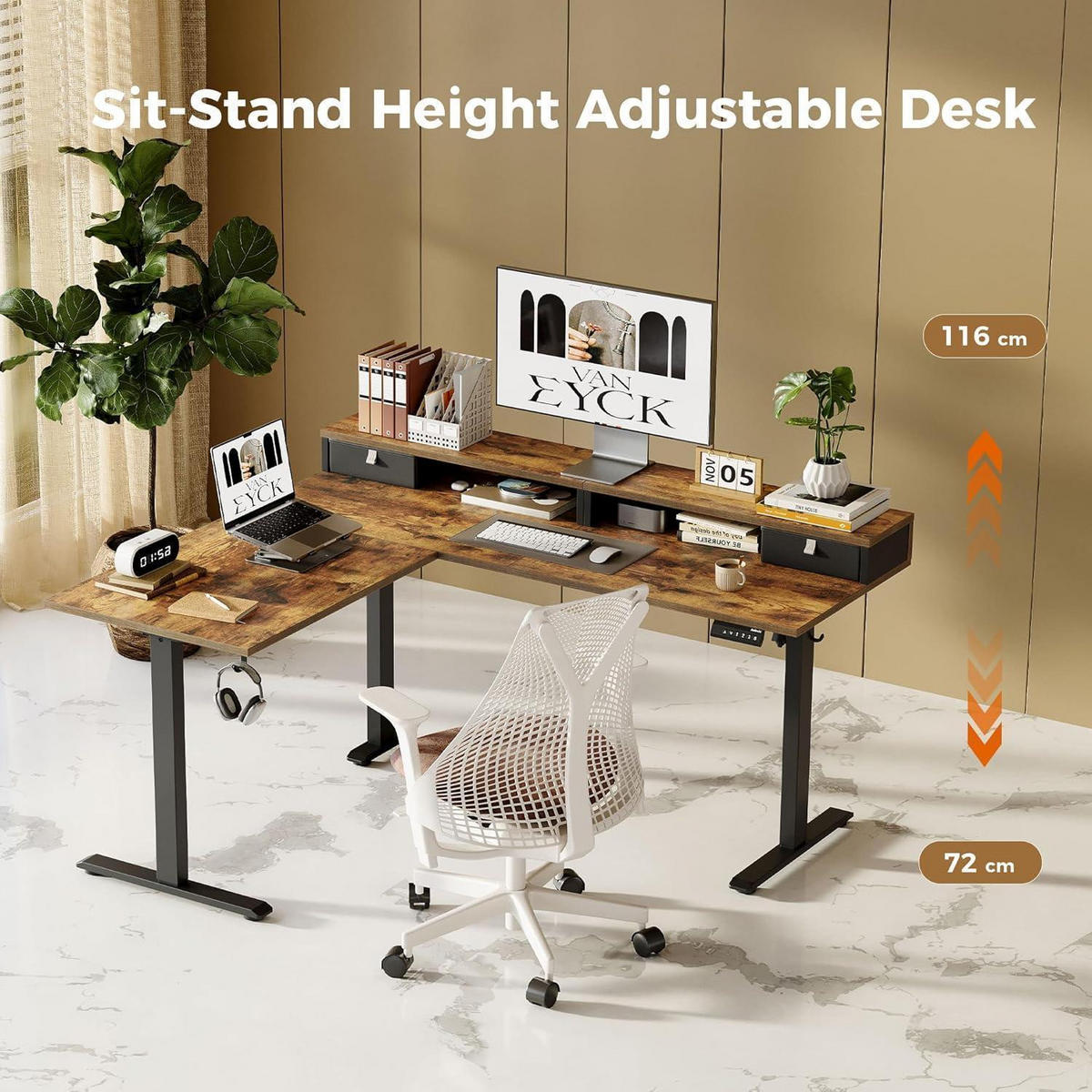 STEHSCHREIBTISCH L-Form elektrisch höhenverstellbar braun 160 x 140 cm mit 2 Schubladen - Braun, Holzwerkstoff (160/140/75cm)