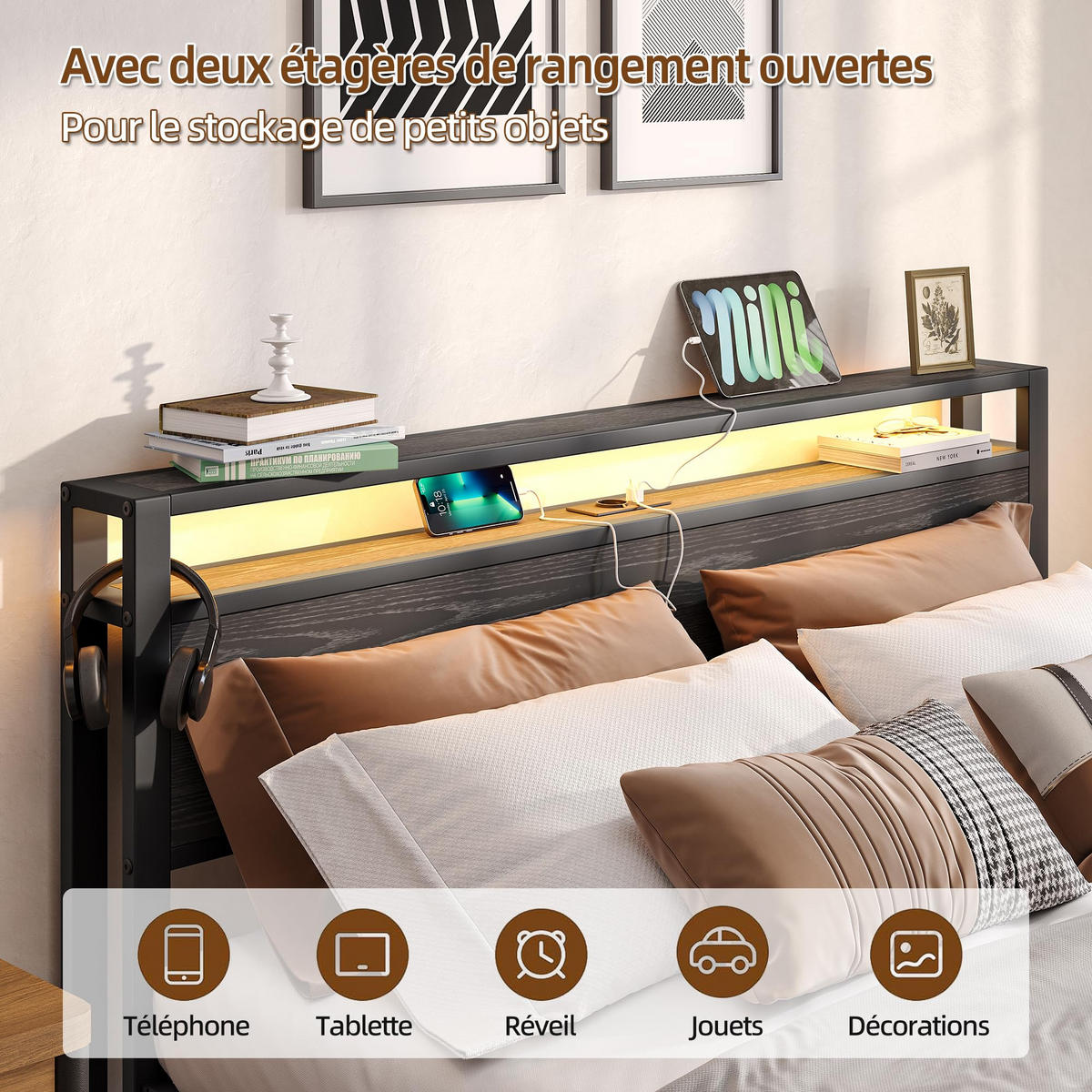 BETT 140/190 cm DE-33031 mit USB und LED-Beleuchtung Schwarz - Schwarz, Metall (140/190cm) - ComfortXL
