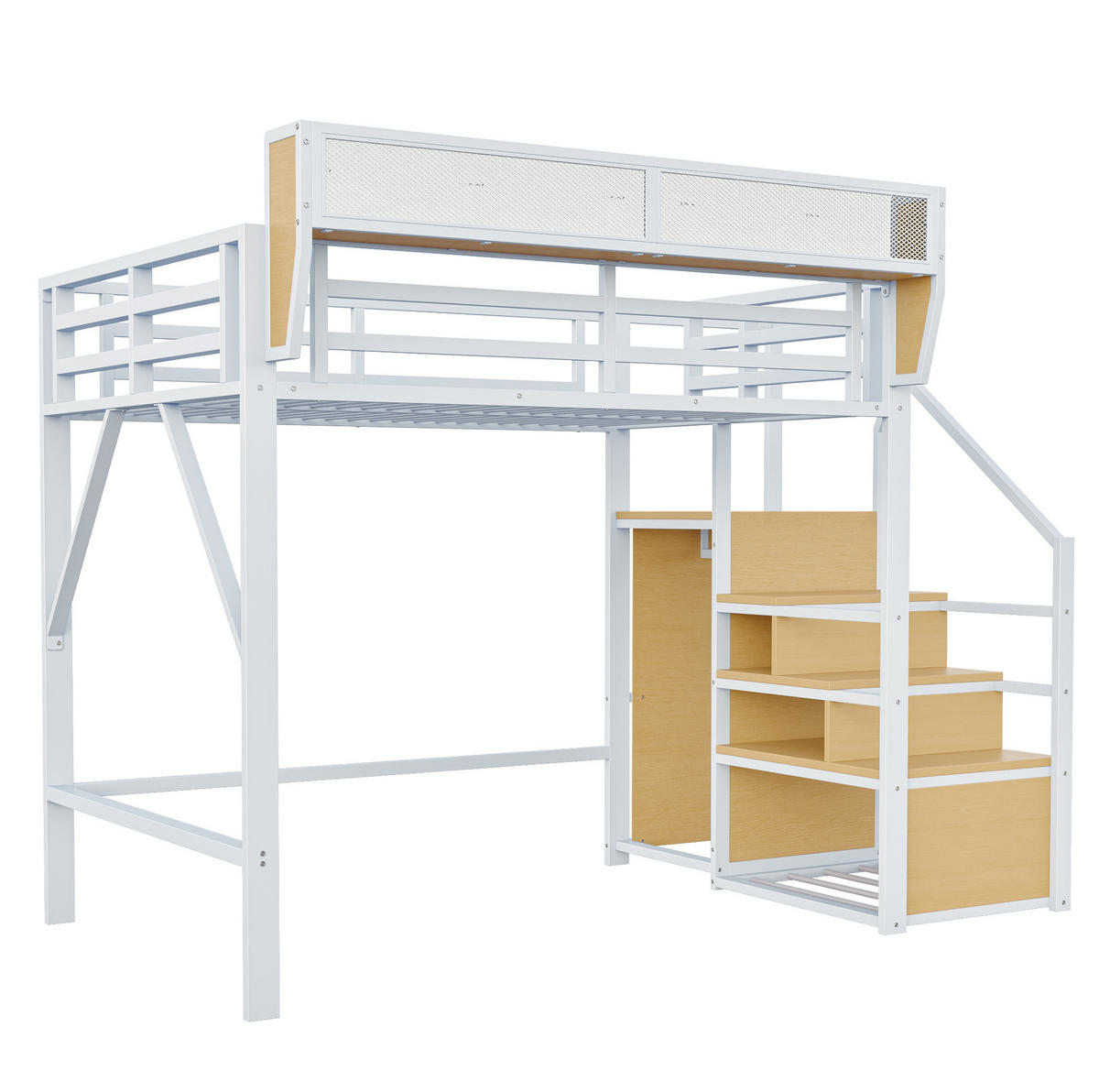 HOCHBETT 140/200 cm aus Metall und MDF mit Sicherheitsleiter und flexiblem Regal Weiß - Weiß, Metall (140/200cm) - Modenvie
