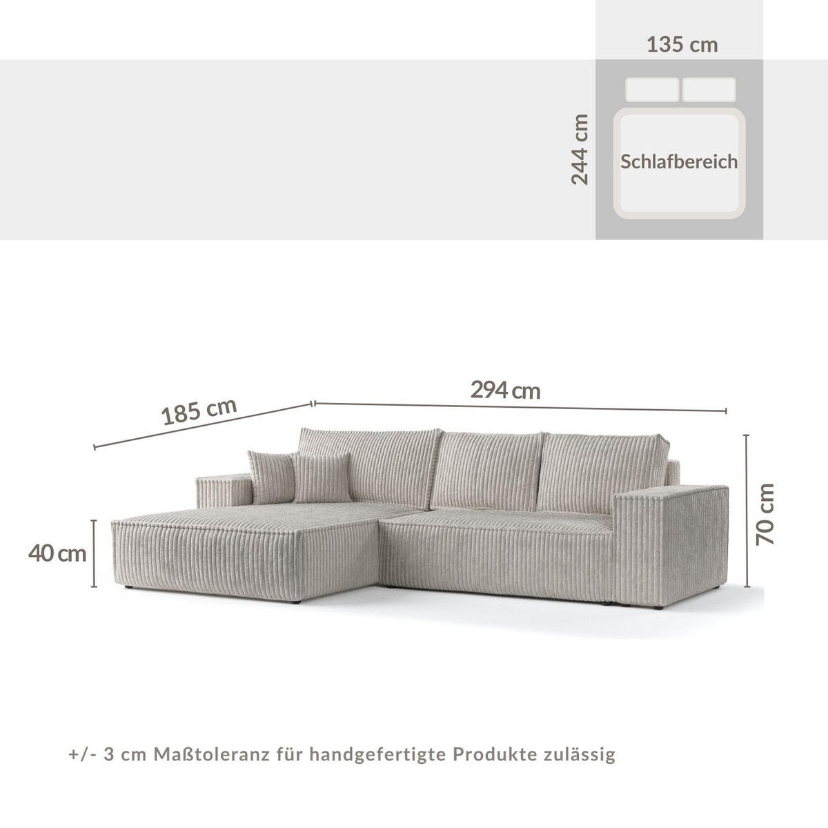 ECKSOFA Maze Beige grau Plüsch - Links Seite - Greige/Schwarz, Holz/Holzwerkstoff (185/294cm) - Maison de Reve