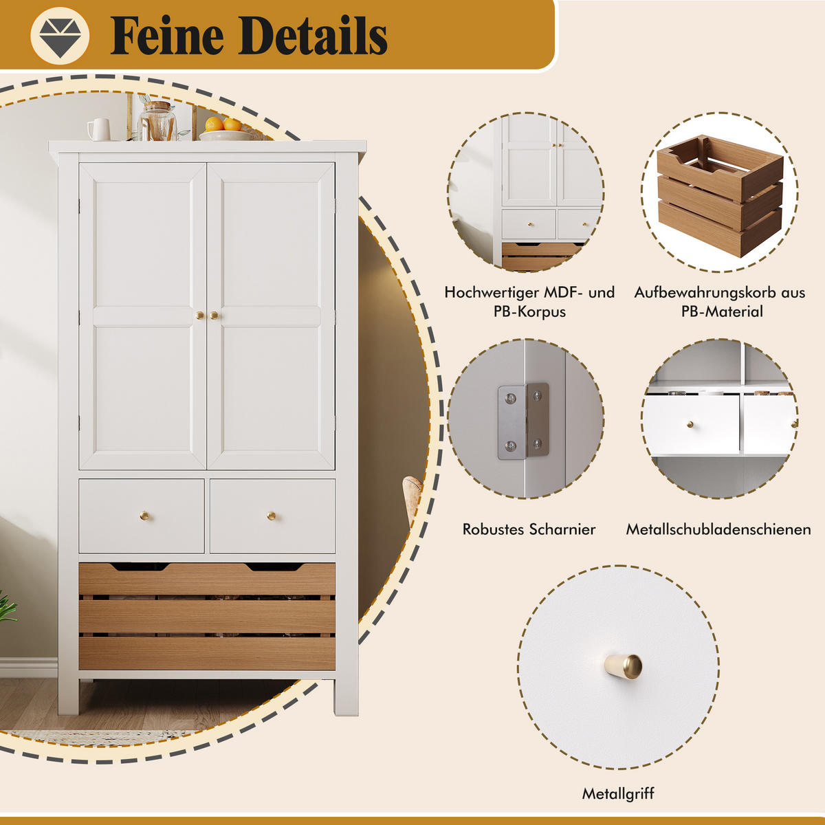 BUFFETSCHRANK Kombi Schwarz/Weiß 80/40/140 cm - Weiß, Holz (80/140/40cm) - PANGIVO