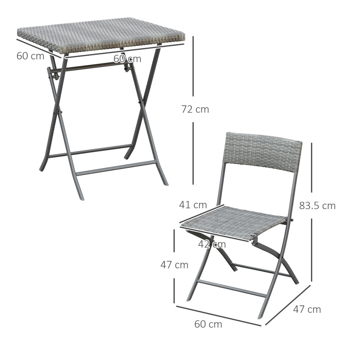 BALKONSET aus Polyrattan 60x60x72cm grau mit klappbaren Stühlen wetterfest - Grau, Naturmaterialien - Modfu