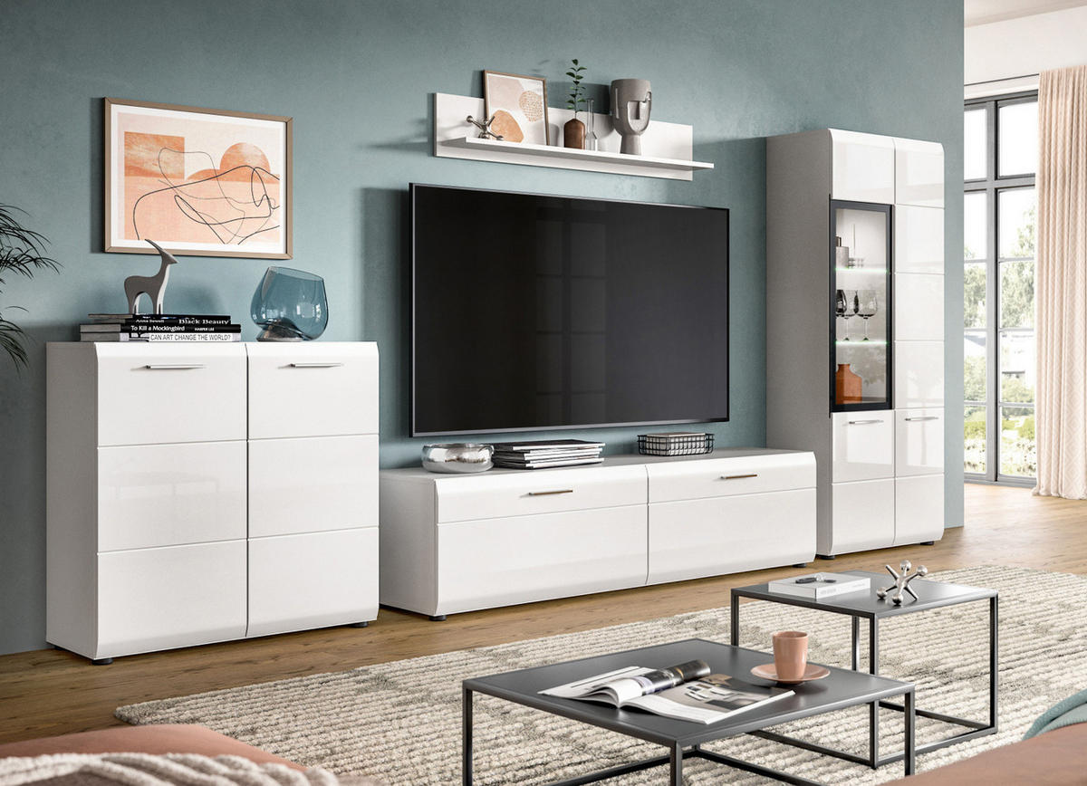 WOHNWAND weiß Hochglanz 4-teilig 330 cm, Schrankwand mit viel Stauraum - Weiß Hochglanz/Silberfarben, Glas/Holzwerkstoff (330/160/41cm) - Inn.Furn