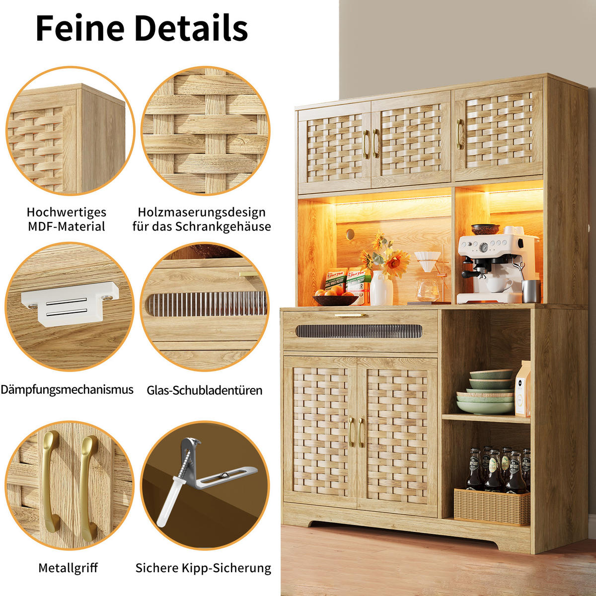 HIGHBOARD Holzoptik Natur mit LED & Geflochtenen Glastüren - Eiche San Remo, Glas/Holzwerkstoff (120/180/40cm) - Urban Meuble