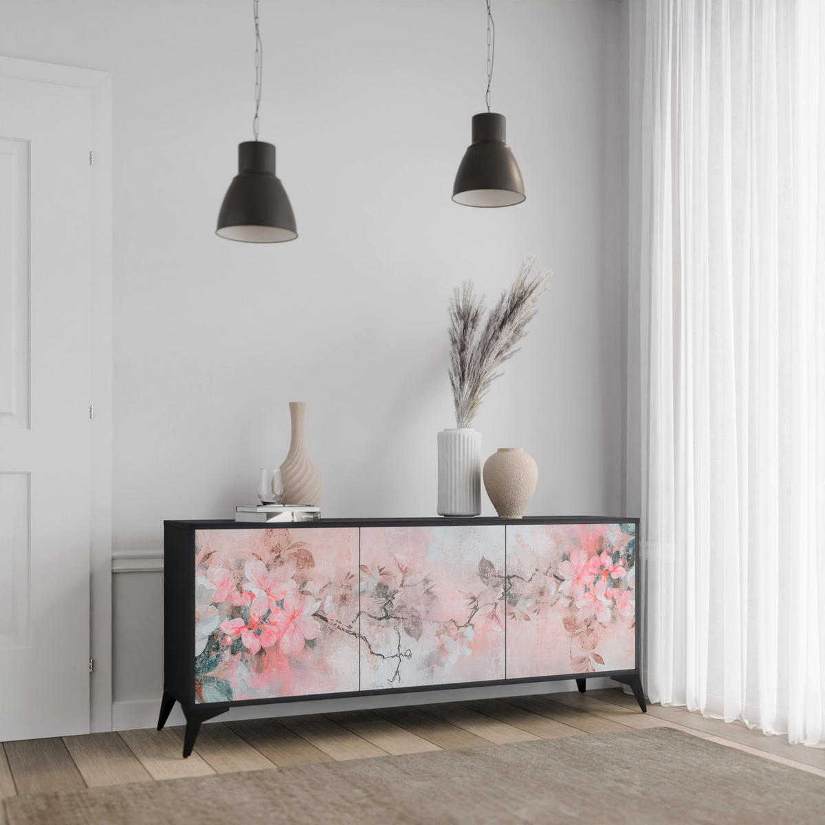 SIDEBOARD CHERRY BLOSSOM, Graue Oberfläche, 164,5x42x72,5 cm, 3 Türen - Schwarz/Grau, Holzwerkstoff/Metall (164.5/72.5/42cm) - SpaceRebels