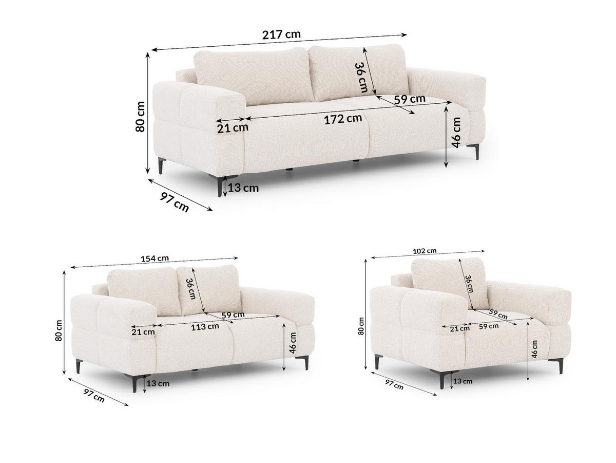 SITZGARNITUR 3+2+1 Cardea in Bubble-Optik aus weichem Creme Strukturstoff mit hohem Sitzkomfort - Creme/Schwarz, Holz/Textil (217/80/97cm) - S-Style Möbel