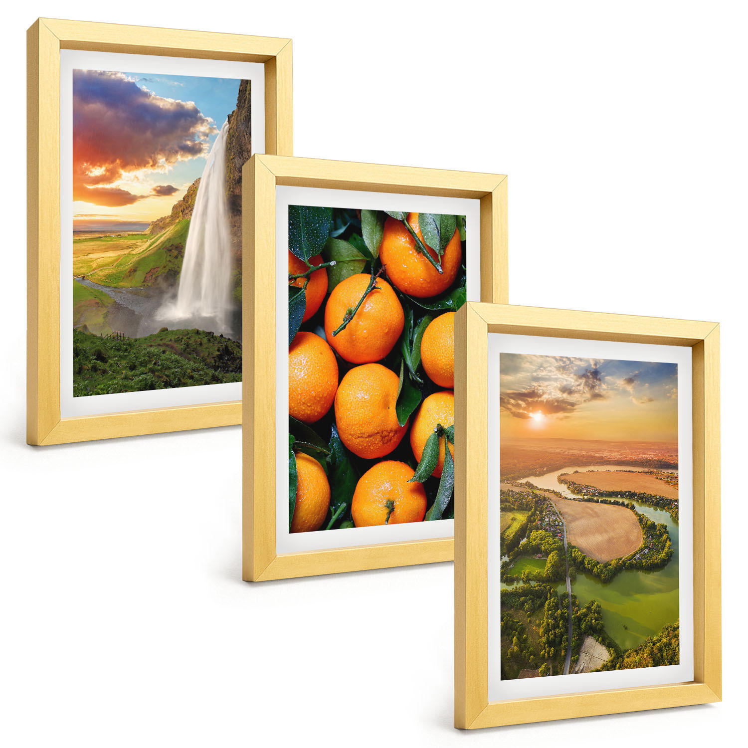 BILDER SET 3er Set - 20x30 cm Goldrahmen - Orange Mountain Wasserfall - Goldfarben, Kunststoff (20/30cm) - TULUP