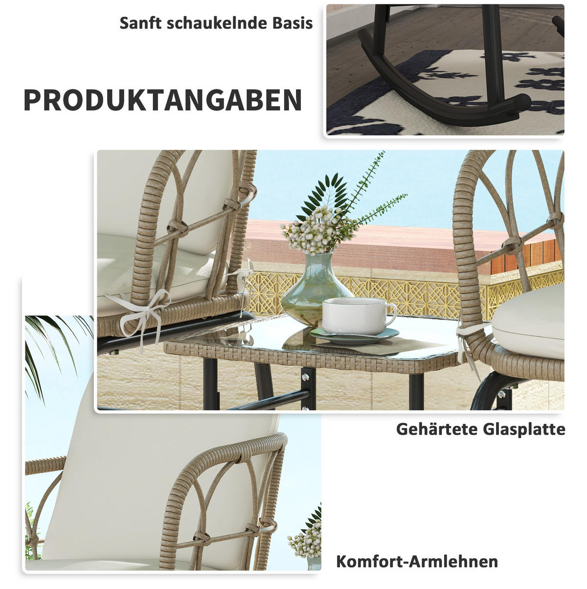 GARTENMÖBEL-SET 63/82/75 cm gelb aus Rattan mit Schaukelstühlen - Beige, Metall - OKWISH