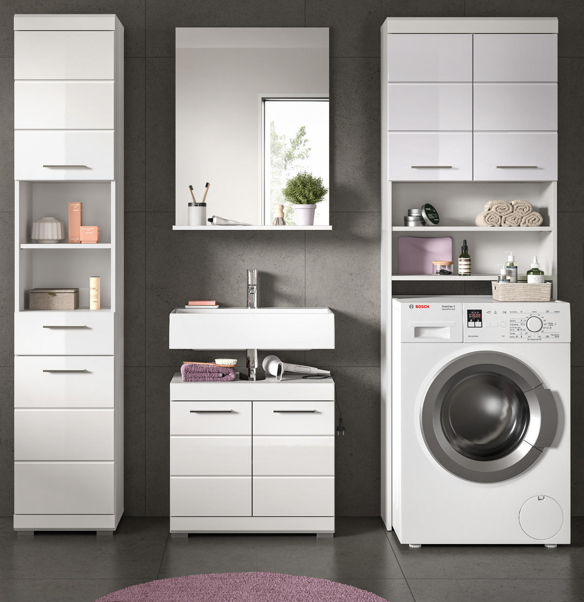 BADMÖBEL-SET weiß Hochglanz 4-teilig 190 cm, Komplettset mit viel Stauraum - Weiß Hochglanz, Glas/Holzwerkstoff (190/191/34cm) - Inn.Furn