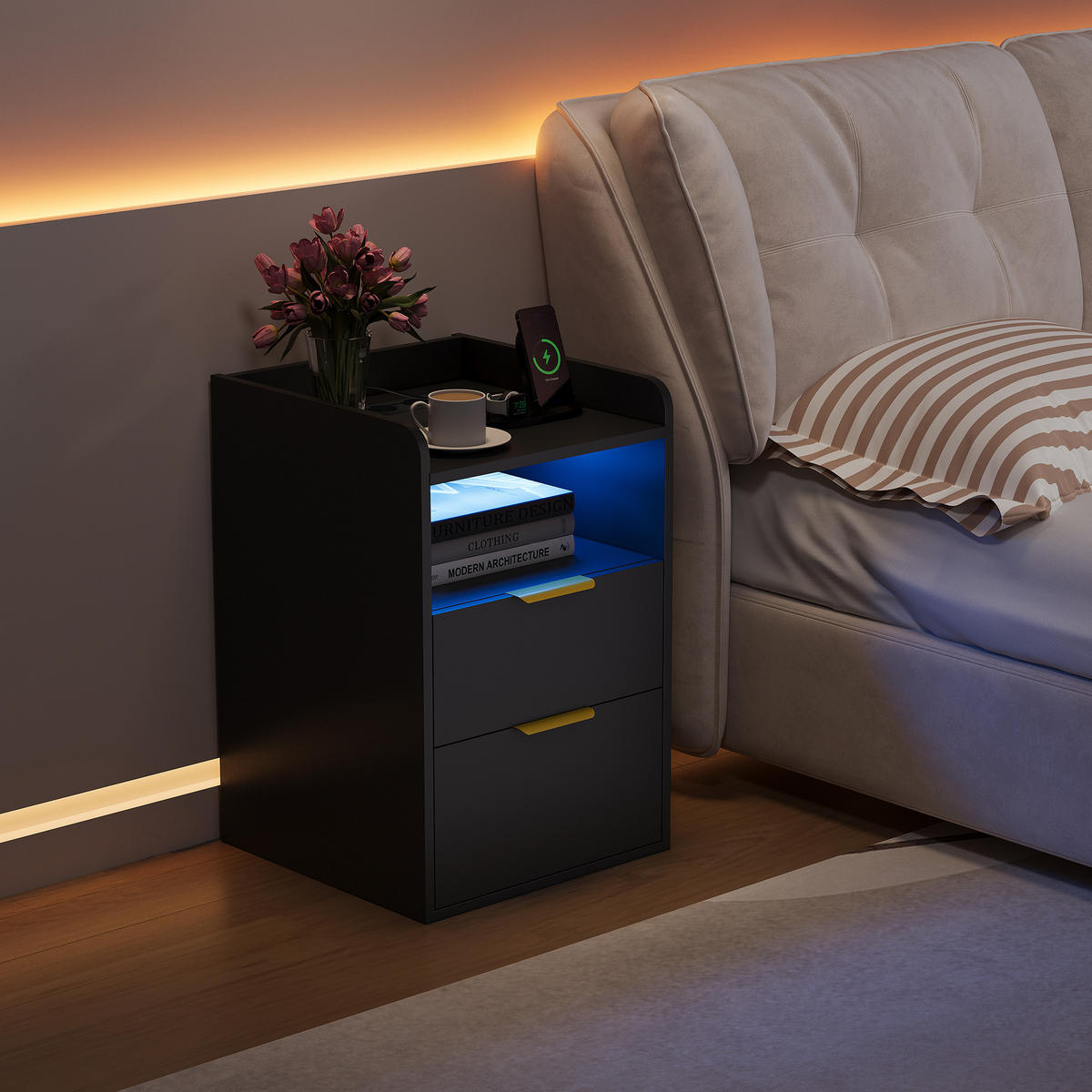 NACHTTISCH Schwarz mit LED-System, Steckdose, 2 Schubladen und Geheimfach - Schwarz, Holz (40/60/40cm) - PARAFTA HOME