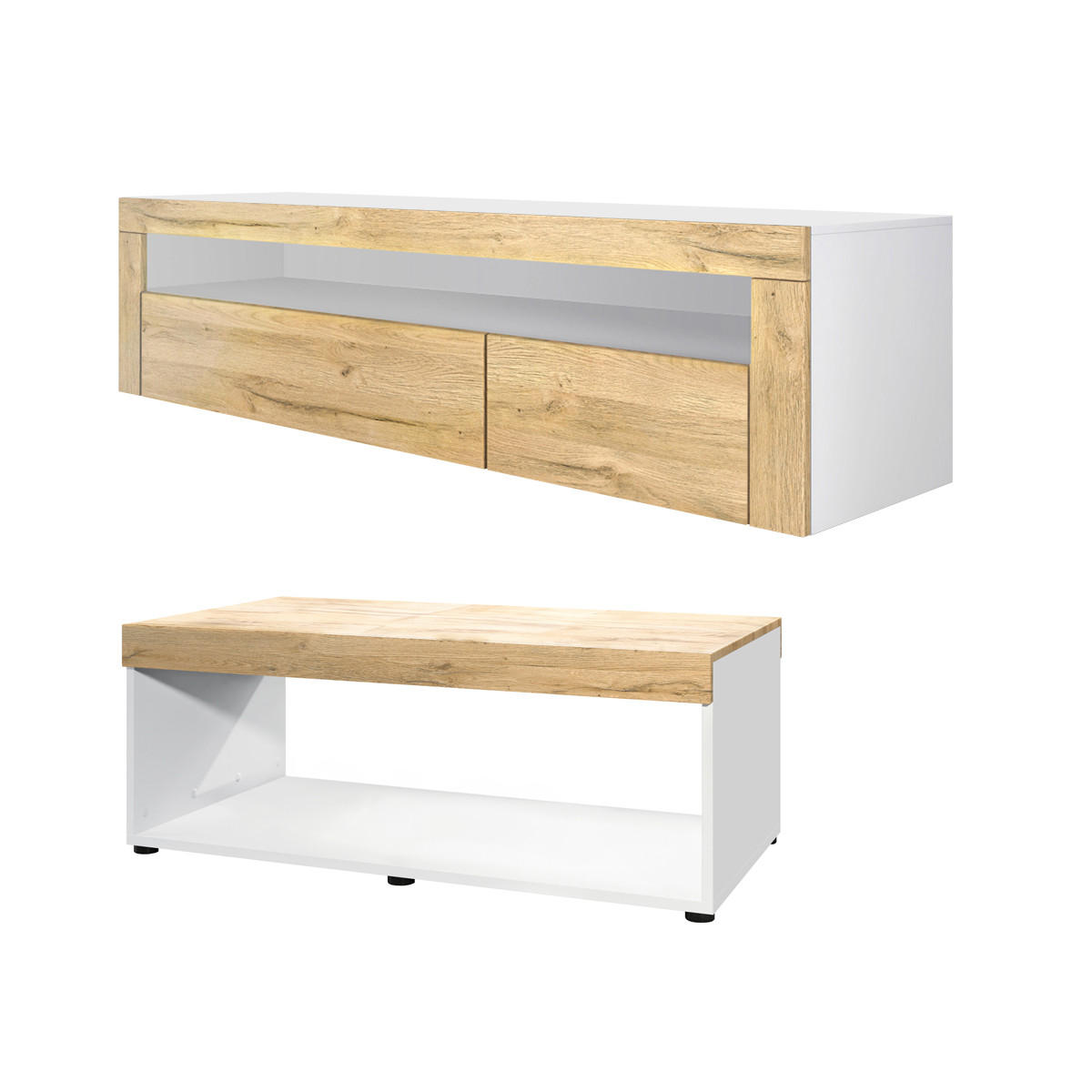 WOHNZIMMERSET Berlin Eiche Natur - Eichefarben, Holzwerkstoff (155/46/40cm) - Vladon