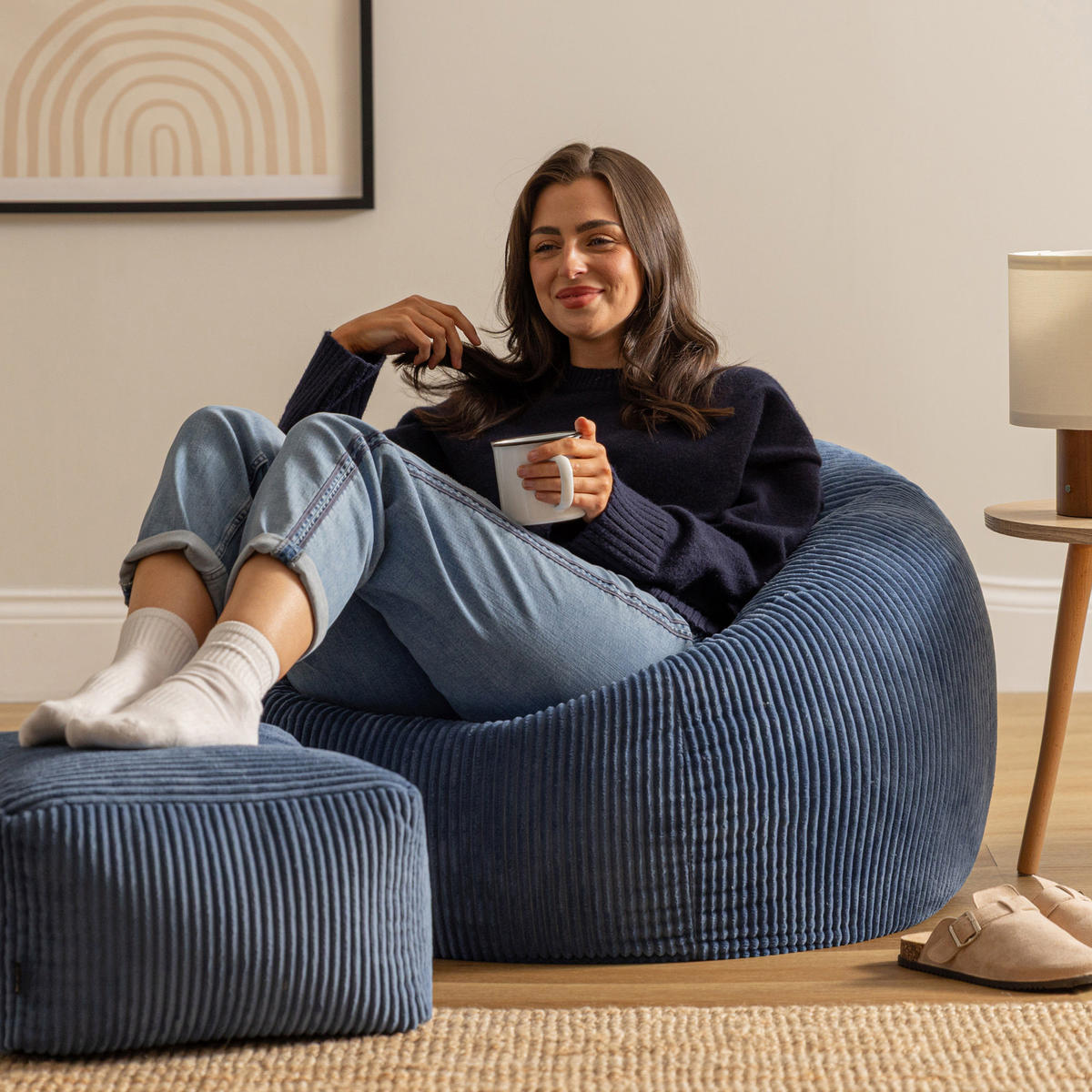 SITZSACK Klassisch + Hocker, Cord - Blau, Kunststoff/Textil (85/50/85cm) - icon