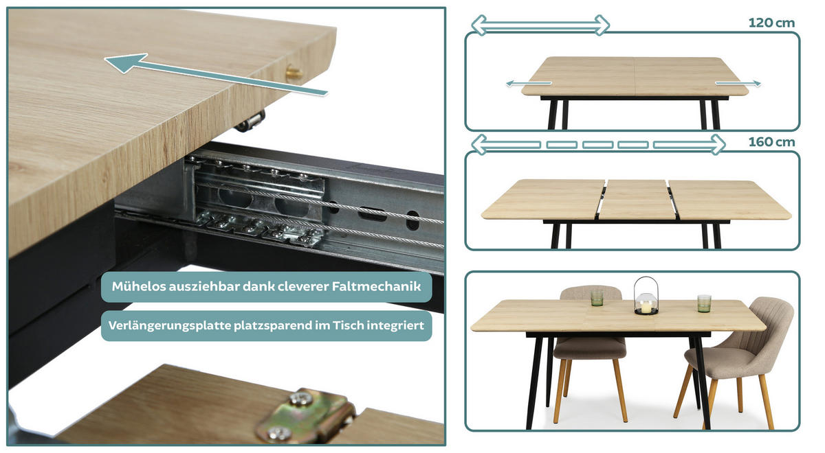 ESSTISCH ausziehbar von 120 bis 160 cm in Eiche hell - Hellbraun, Holzwerkstoff (80/120/75cm) - Home Collective