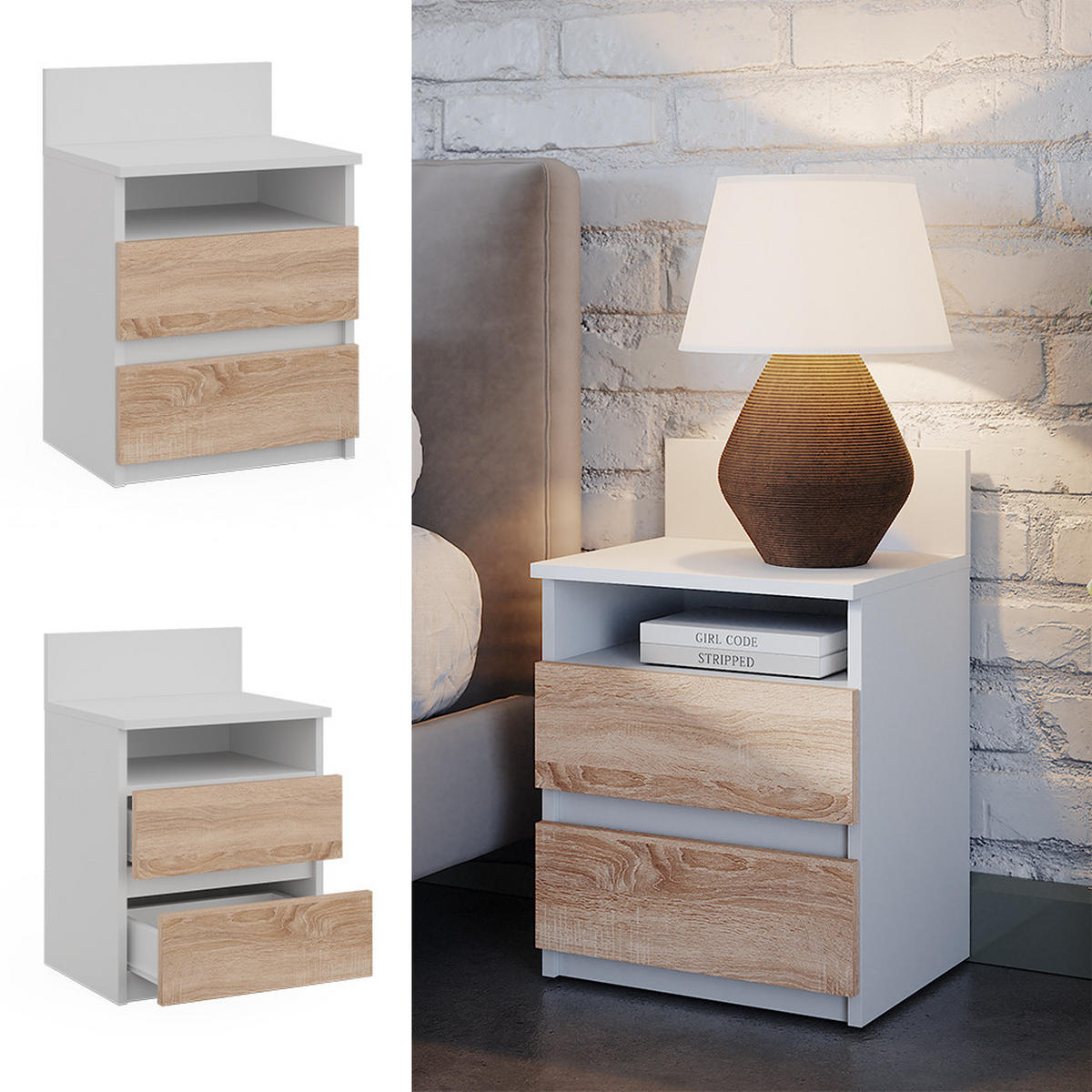 NACHTTISCH Monty Weiß/Sonoma 32.3 x 59.1 cm mit 2 Schubladen - Weiß/Sonoma Eiche, Holzwerkstoff (32.3/59.1/39.6cm) - Vicco