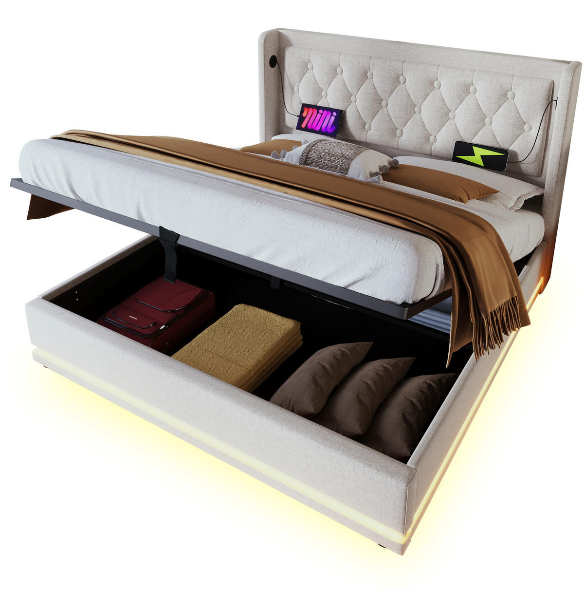 POLSTERBETT 180/200 cm Beige mit Stauraum, LED-Beleuchtung und USB - Beige, Textil (180/200cm) - Flora Grace