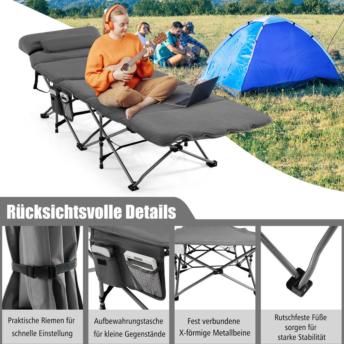 CAMPINGBETT mit Matratze+Kissen Grau - Grau, Metall - COSTWAY