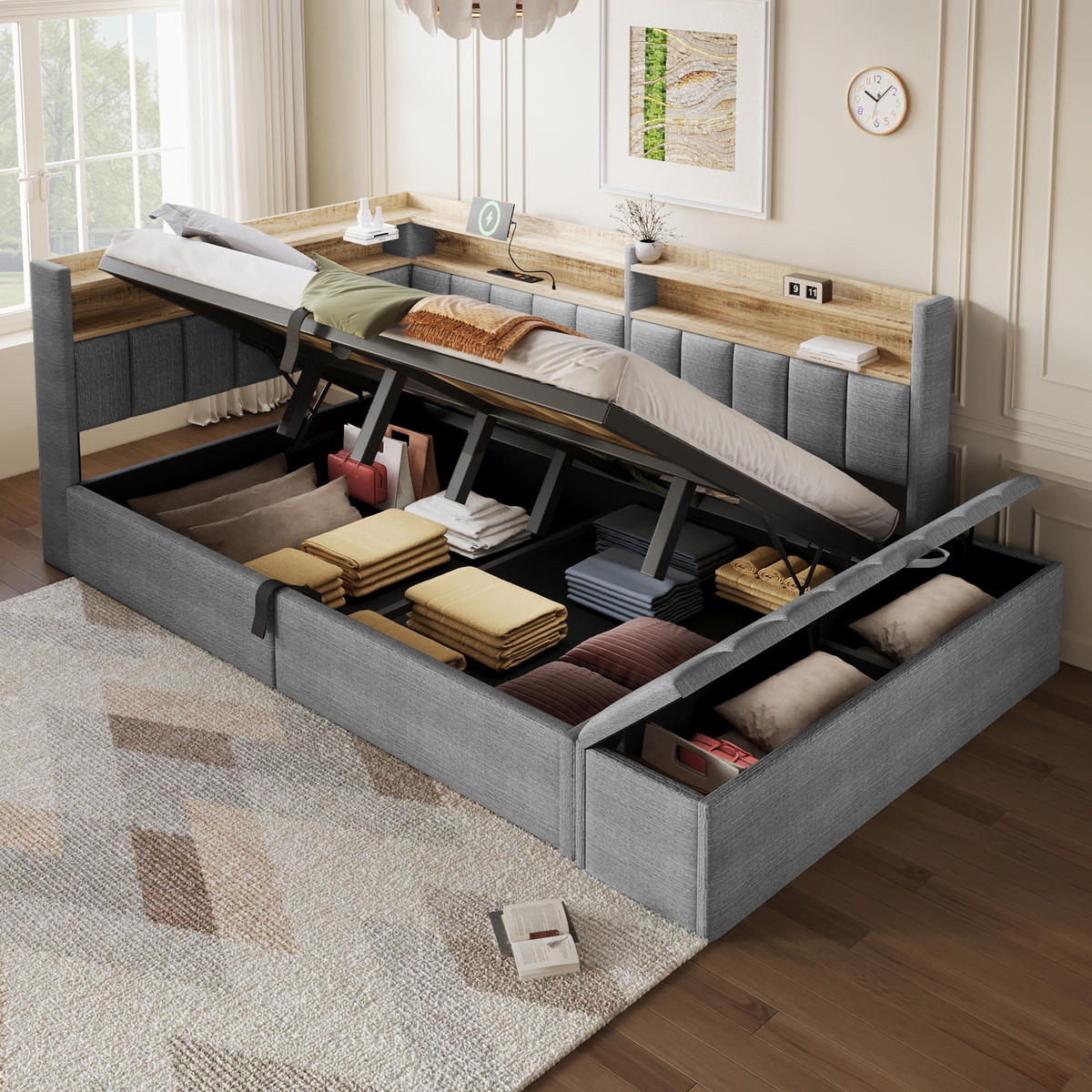 TAGESBETT 140 x 200 cm, Grau, Samt, LED, USB - Grau, Textil (140/200cm) - FLIEKS