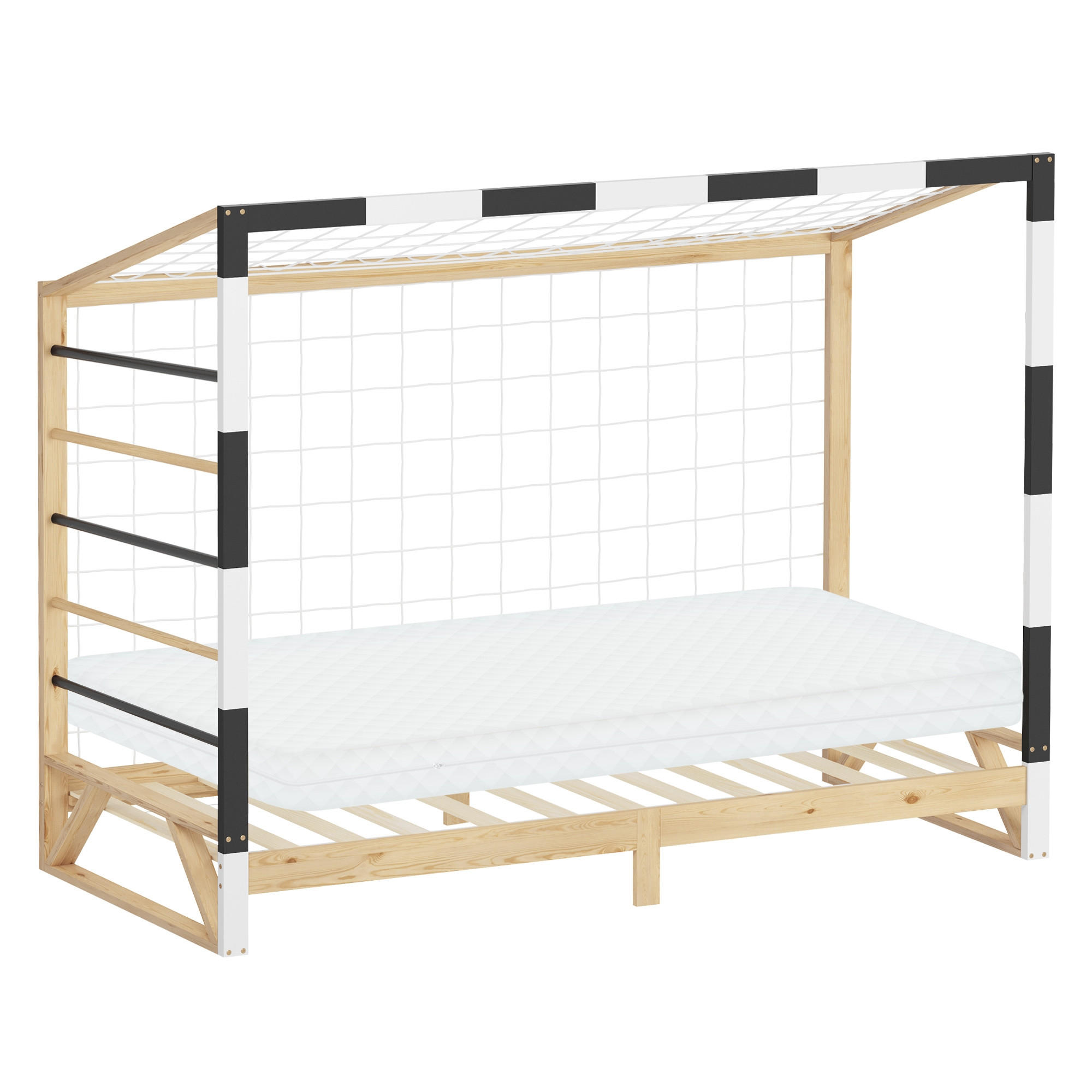ML-DESIGN DĚTSKÁ POSTEL ve tvaru fotbalové brány s matrací 90 x 200 cm, černobílá, z borového dřeva