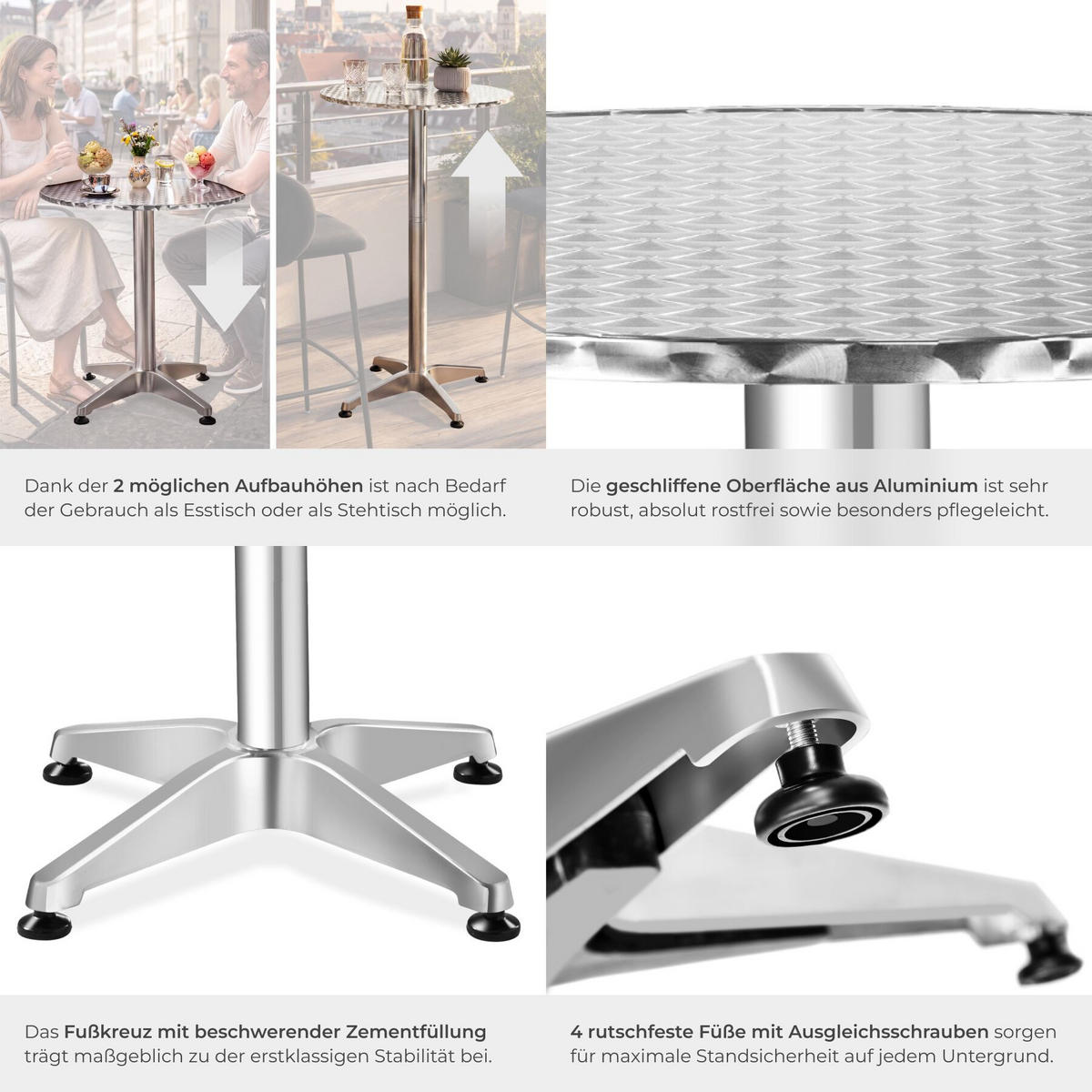 BISTROTISCH aus Aluminium Frederic, höhenverstellbare Kunststofffüße, silber - Silberfarben, Holz (67/67/110cm) - tectake
