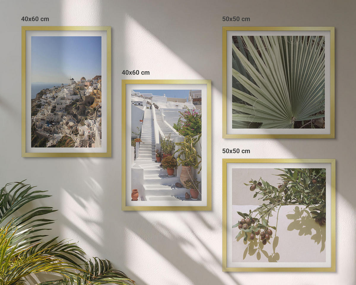 BILDER SET 4er Set - 50x50 cm & 40x60 cm Goldrahmen - Weiße Treppe mit Blick auf Santorini - Goldfarben, Kunststoff (50/50cm) - TULUP