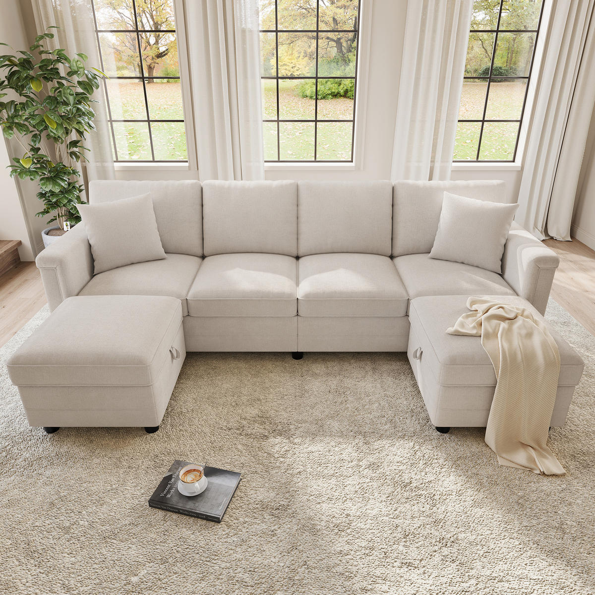 WOHNLANDSCHAFT Modular umwandelbar L-/U-Form mit 2 Stauraumhockern, DE-42506, Beige - Beige, Metall (261/82/134cm) - ComfortXL