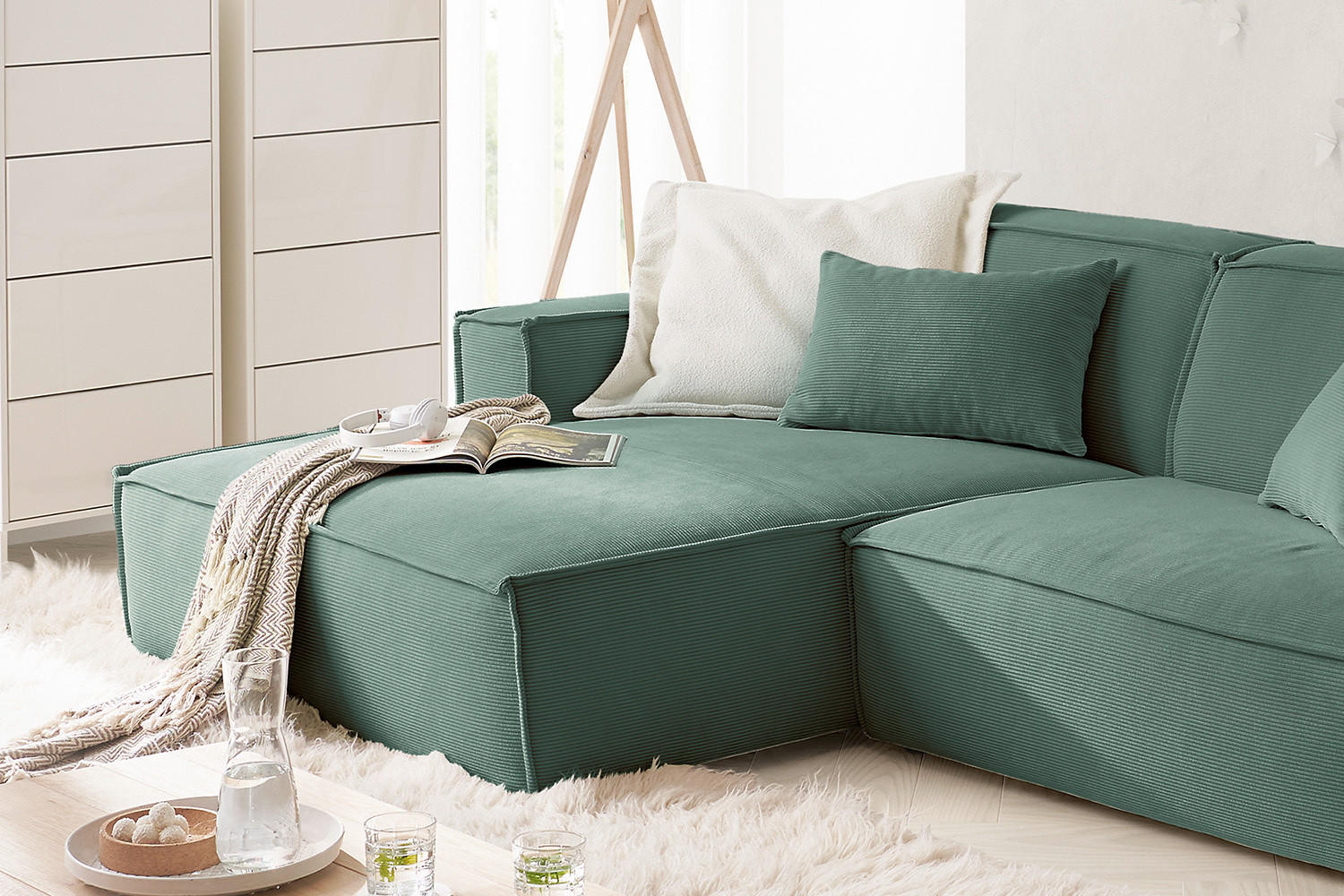 ECKSOFA SAMU Grün Cord - Schwarz/Grün, Textil (276/168cm) - KAWOLA