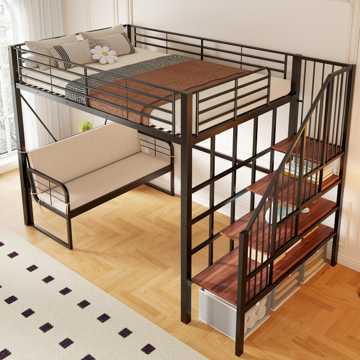 ETAGENBETT 140/200 cm, Schwarz mit Stauraum und Polstersofa - Schwarz, Metall (140/200cm) - MIVRAY