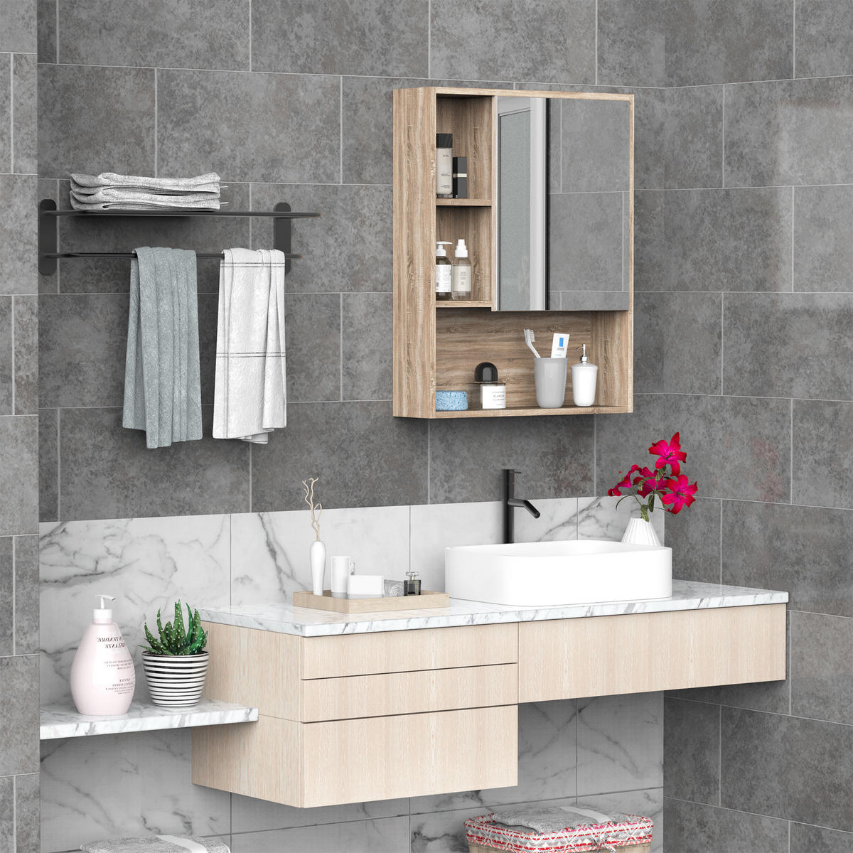 SPIEGELSCHRANK, platzsparend, mit Tür, Wandmontage, 60 x 15 x 76 cm ,Eiche - Braun, Glas (60/76/15cm) - Vallsero