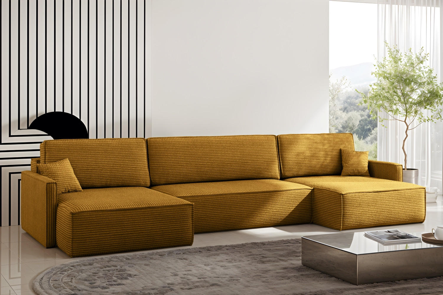 ECKSOFA Carlos Mit Schlaffunktion und Bettkasten Elegante Stoff Poso Senffarbe - Currygelb, Holz/Textil (348/142cm) - Kaiser Möbel