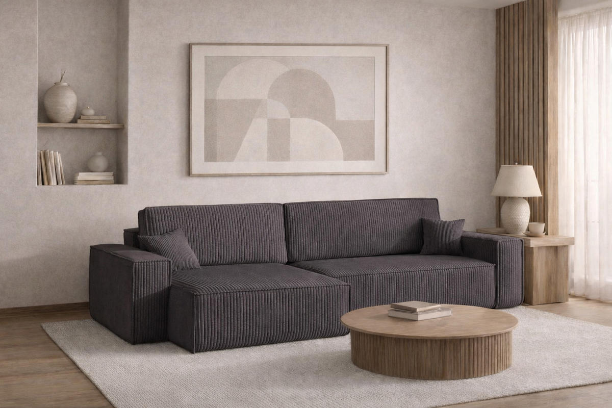 ECKSOFA Mit Schlaffunktion Und Bettkasten, Eckcouch BEST XL Stoff Poso Dicker Cord Dunkelgrau Links - Dunkelgrau/Schwarz, Holz/Kunststoff (142/83/274cm) - Kaiser Möbel