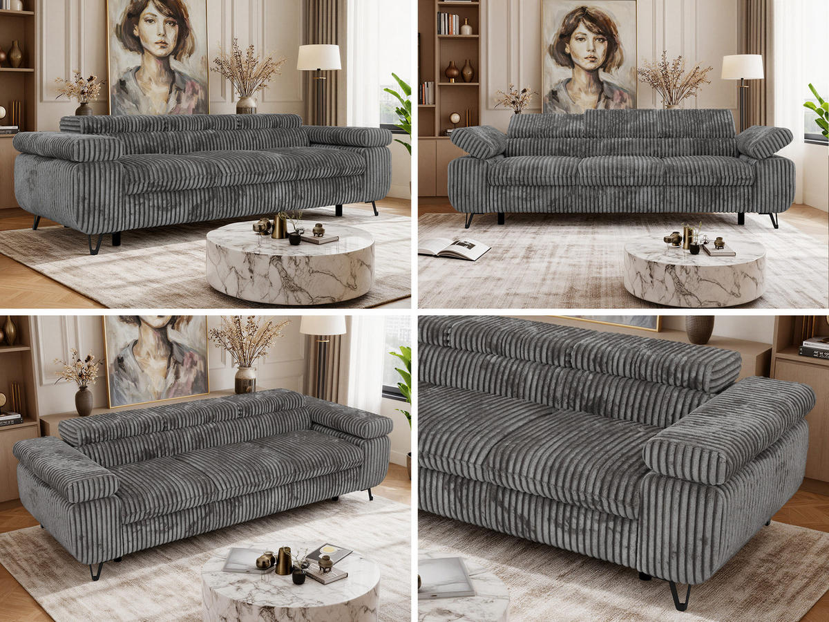TŘÍMÍSTNÁ POHOVKA PETER 3 - Šedá Manšestr - šedá/černá, kov/textil (262/76/99cm) - MKS