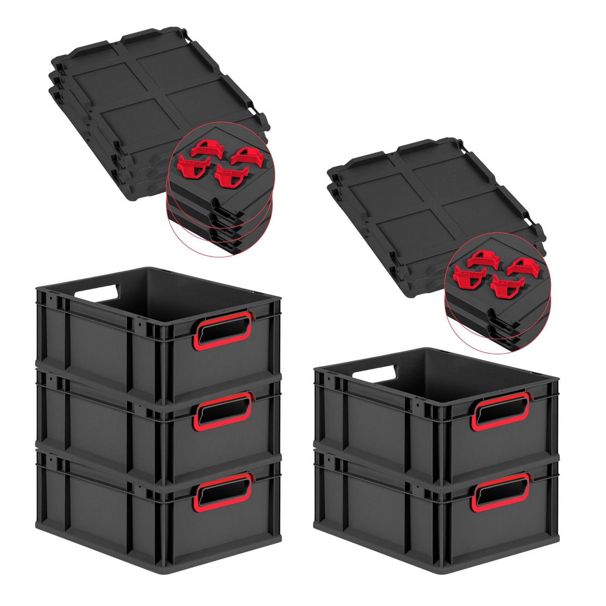 EUROBOX 5x NextGen Color mit Auflagedeckel 17x30x40 cm 16 Liter Schwarz Griffe rot offen - Rot/Schwarz, Kunststoff (30/17/40cm) - PROREGAL