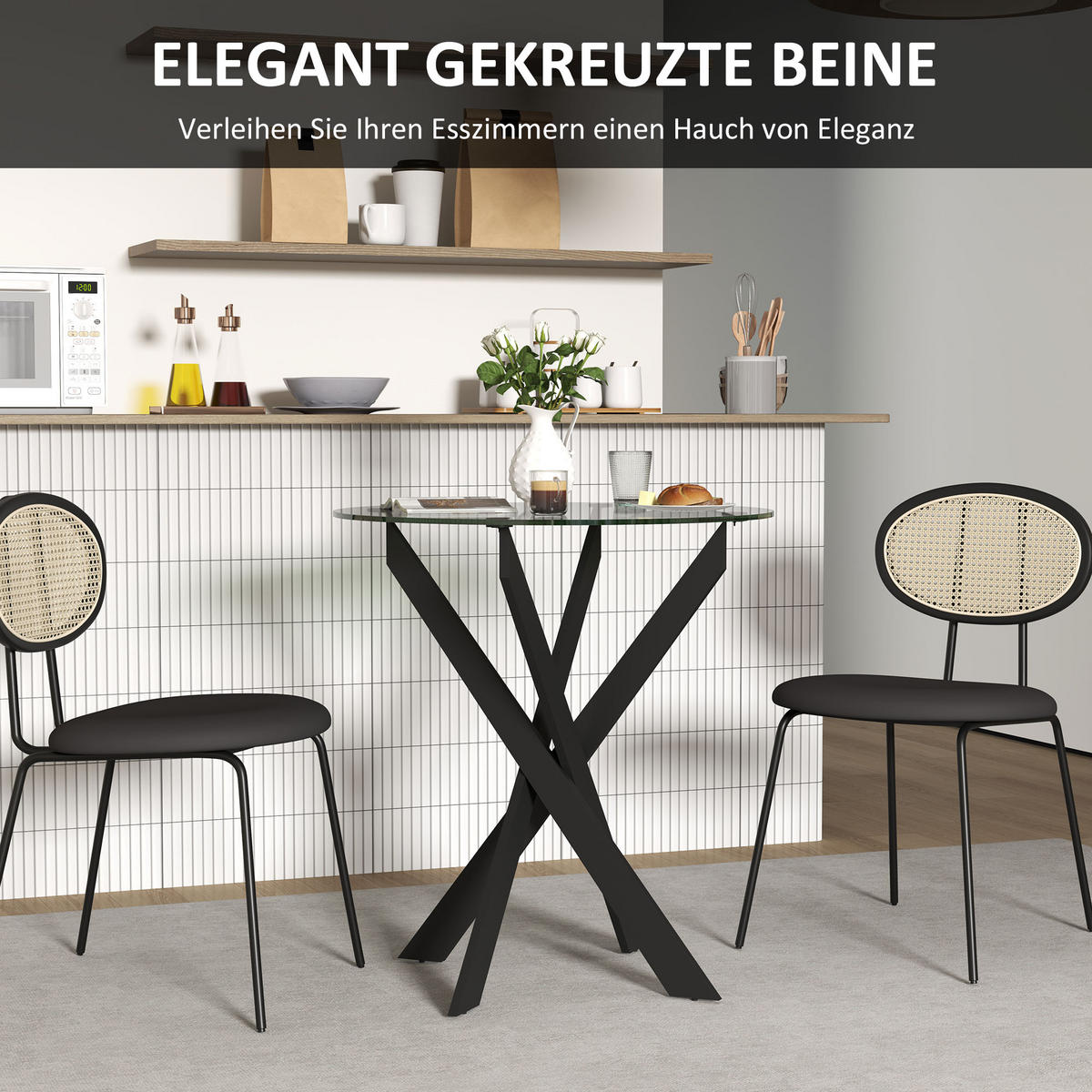 ESSTISCH, Rund Küchentisch für 4 Personen Esszimmertisch mit Stahlbeinen Schwarz - Schwarz, Glas/Metall (70/70/75cm) - HOMCOM