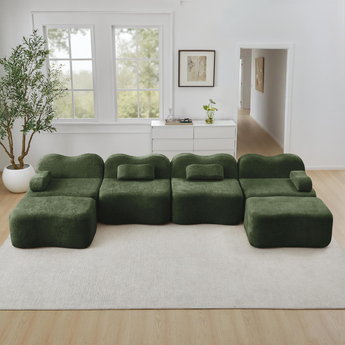 WOHNLANDSCHAFT Grün 384/167/70 cm 4-Sitzer Modular mit 2 Hockern - Grün, Textil (384/70/167cm) - PANGIVO