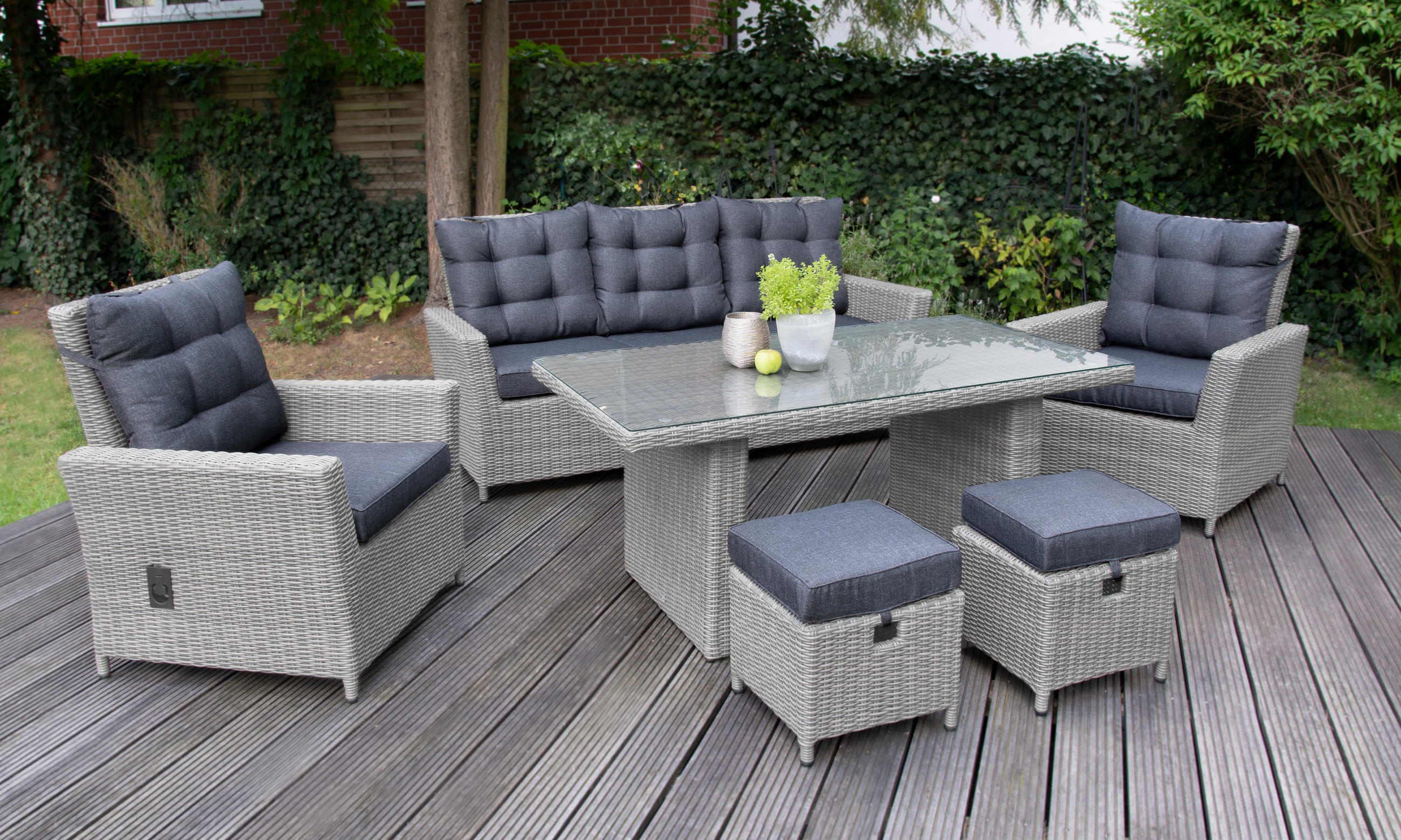DININGLOUNGE-SET Asti Grau Polyrattan für 7 Personen - Grau, Naturmaterialien - bellavista - Home & Garden