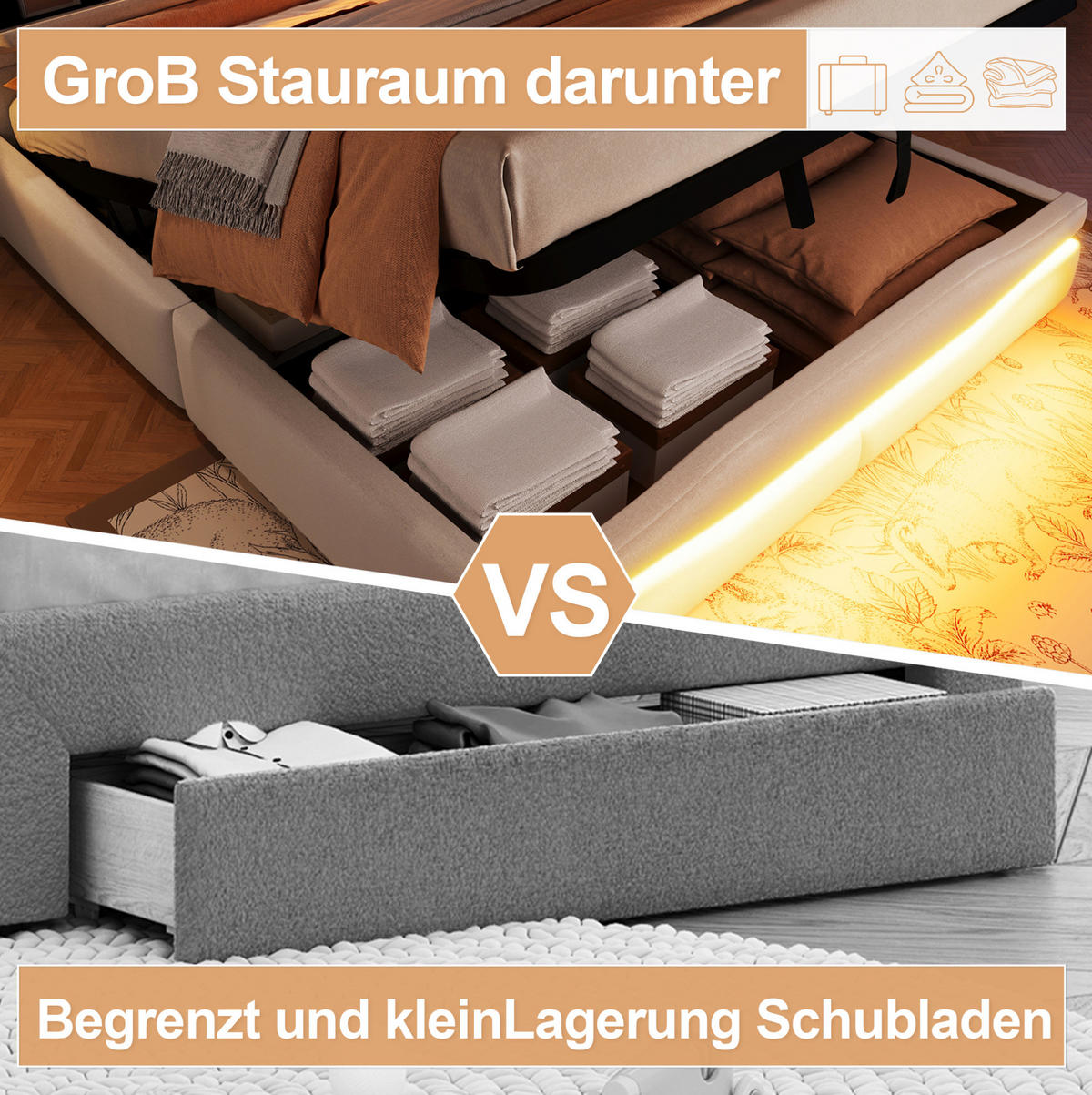 POLSTERBETT 160/200 cm Beige aus Leinen mit LED-Beleuchtung und Stauraum - Beige, Textil (160/200cm) - OKMYHOME