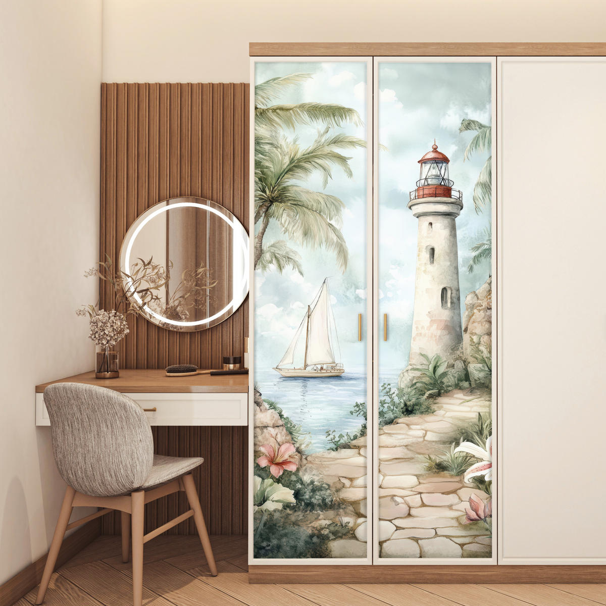 FOTOTAPETE Tür - Leuchtturm - Natur - Landschaft - Boot 95x215 cm - Eichefarben, Kunststoff (95/0.1cm) - MuchoWow