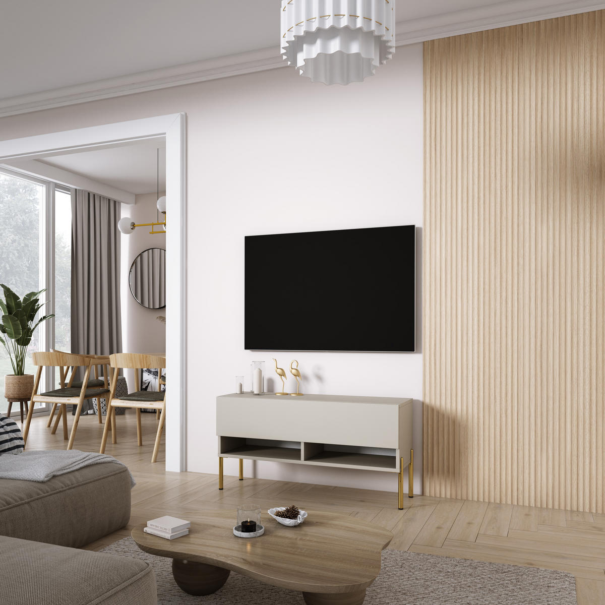 TV-LOWBOARD 100 cm Kaschmir, gerade goldene Beine, 100 × 32 × 52 cm - Beige, Holzwerkstoff (100/52/32cm) - 3XE LIVING
