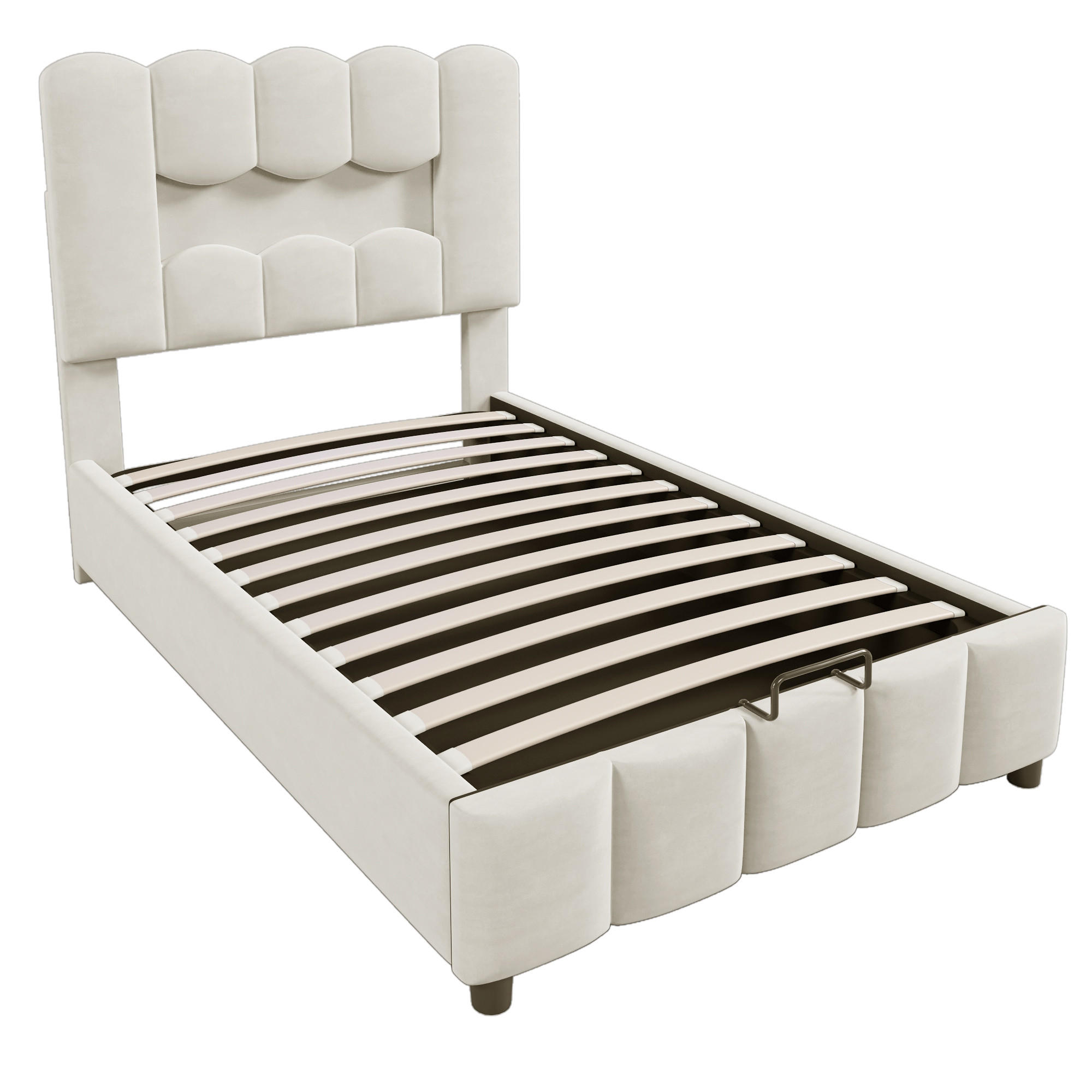 STAURAUMBETT 90/200 cm DE-04685, mit LED, Hydraulik und verstellbarem Kopfteil in Beige - Beige, Holzwerkstoff/Metall (90/200cm) - ComfortXL